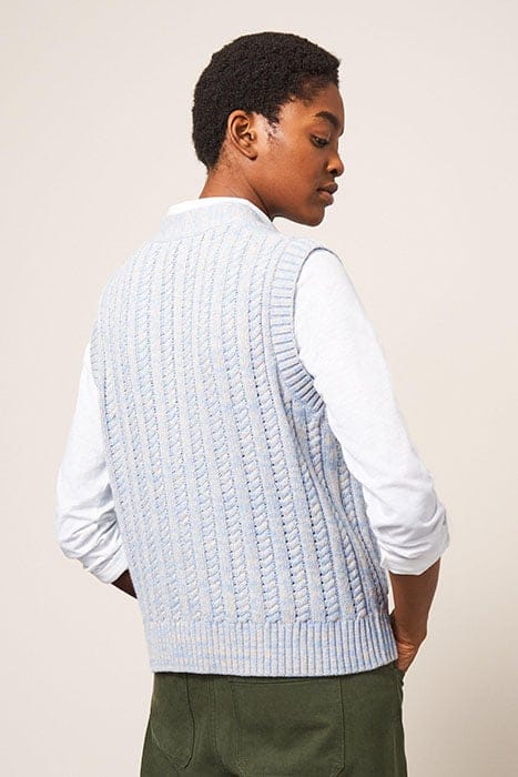 SLEEVELESS CABLE CARDI BLUE MLT 2