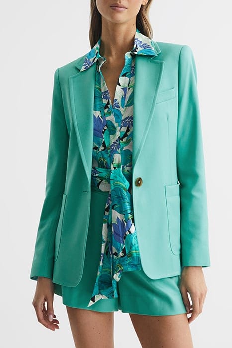 EMBER BLAZER GREEN BLAZER — THE MODEL IS WEARING A SIZE 8 1