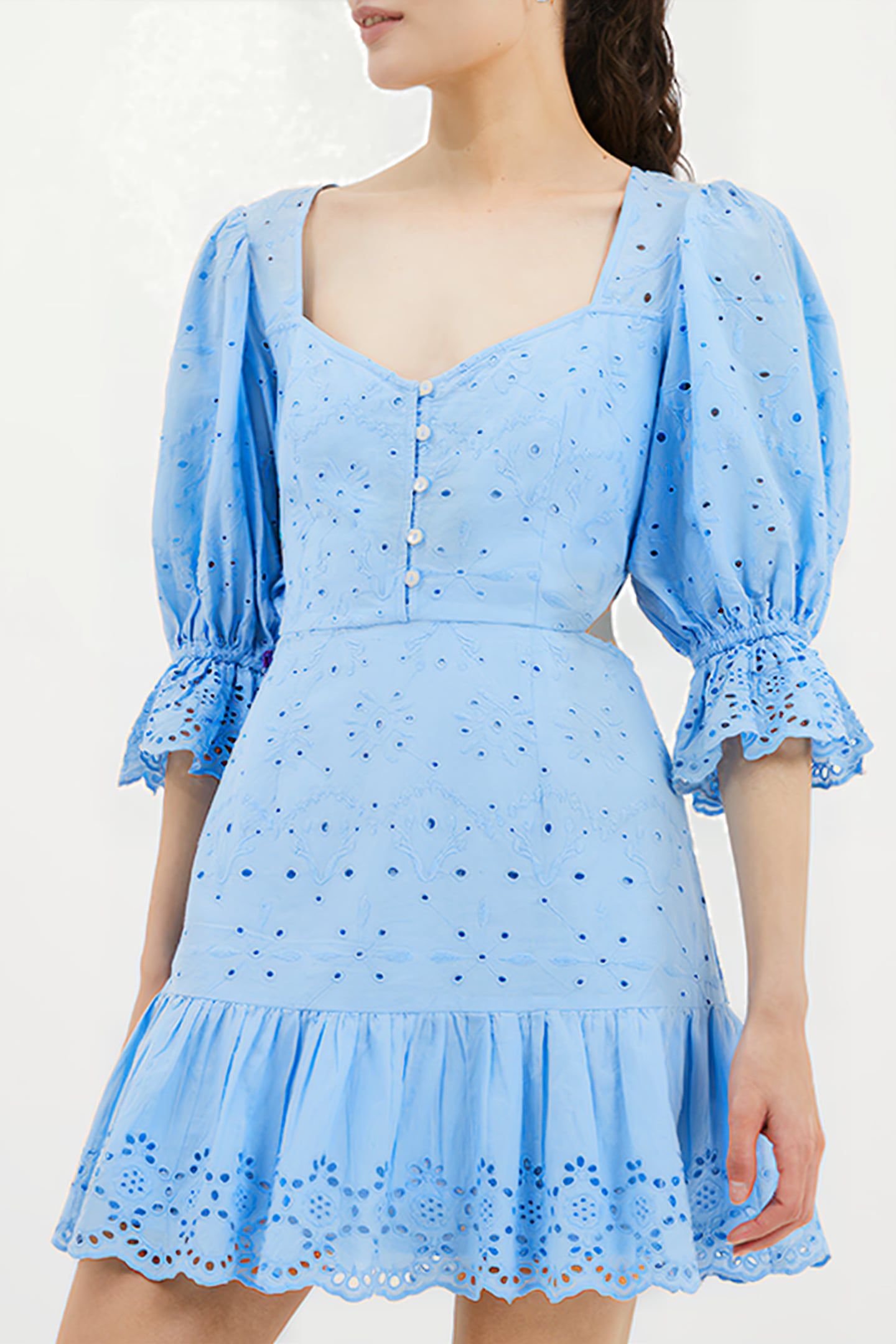 CILLA BRODERIE CUT OUT MINI DRESS PLACID BLUE 1