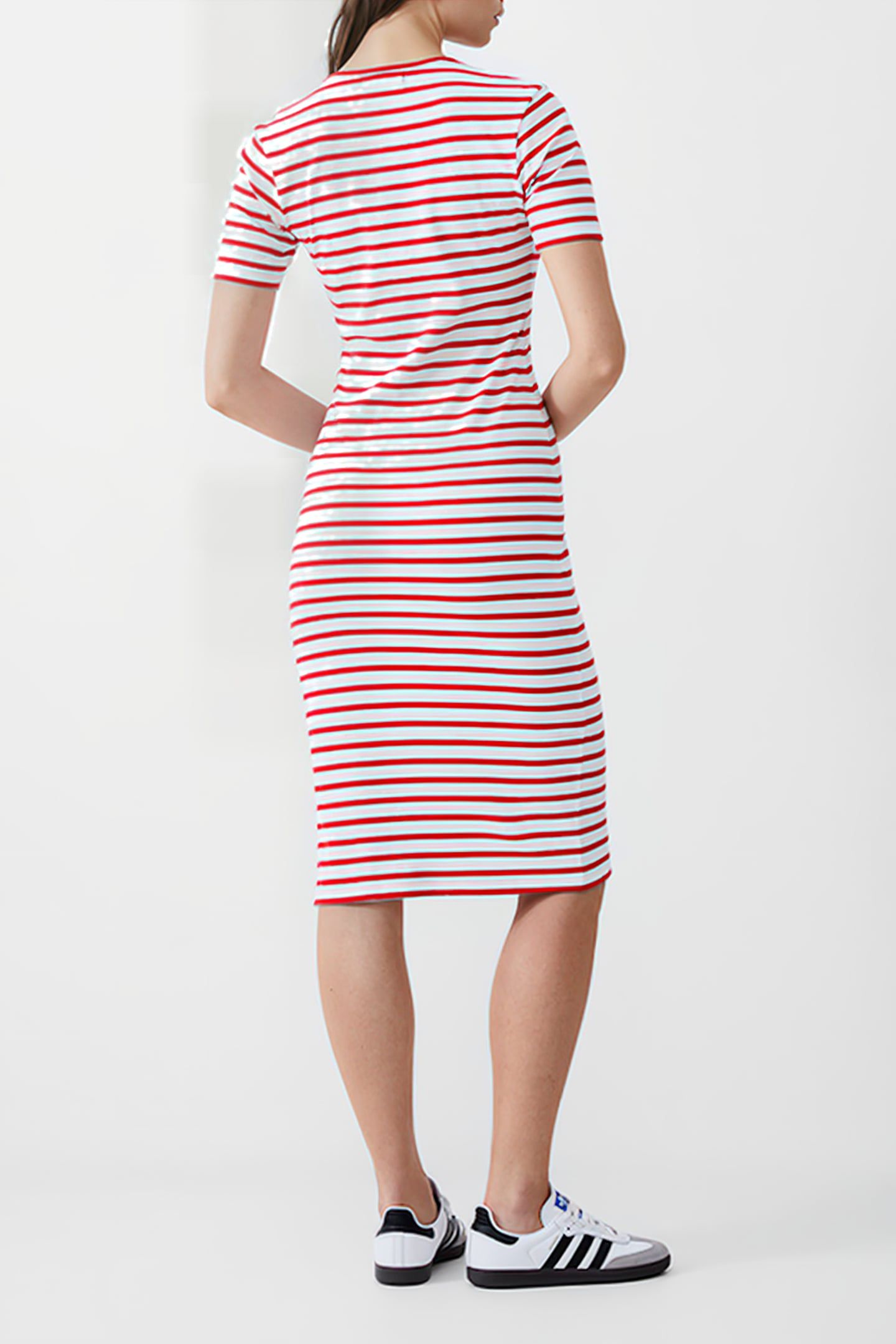 STRIPE RIB DRESS MIDI POPPY/WHITE 3
