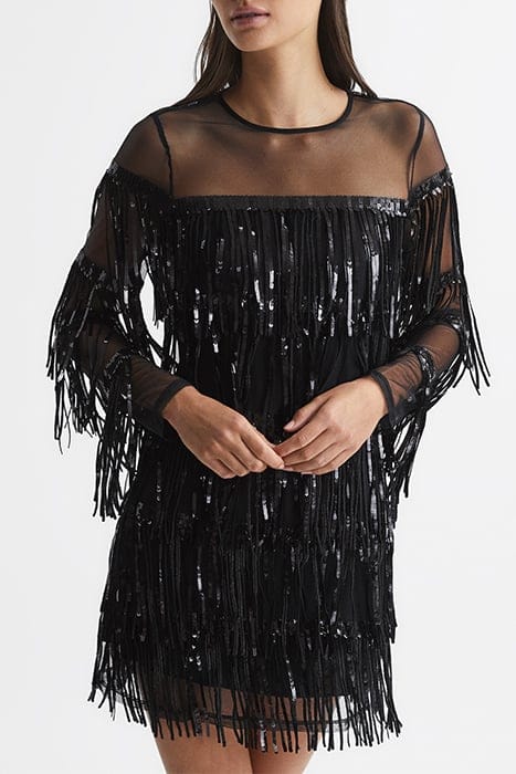 JOSEPHINE FRINGE MINI DRESS — BLACK 1