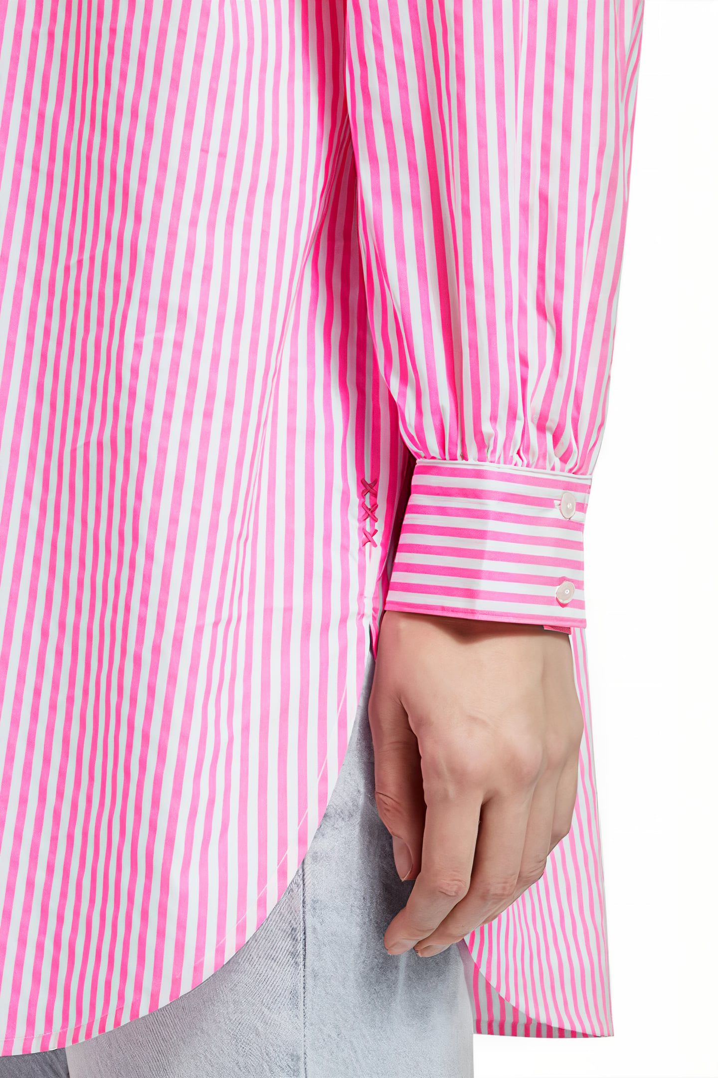 OVERSIZED POPLIN SHIRT IN FLUO PINK /WHITE STRIPE COMBO S 7