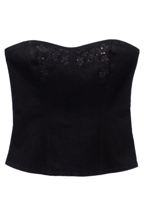 BLACK DENIM BUSTIER WITH EMBROIDERED FLOWERS 2