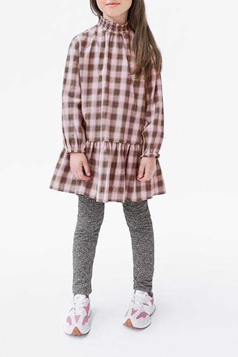 GIRLS’ PINK WITH KHAKI CHECK DRESS WITH SMOCKED COLLAR 1