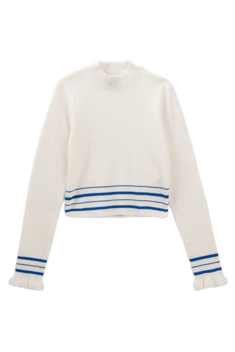 GIRLS’ WHITE KNIT SWEATER WITH BLUE STRIPES 1