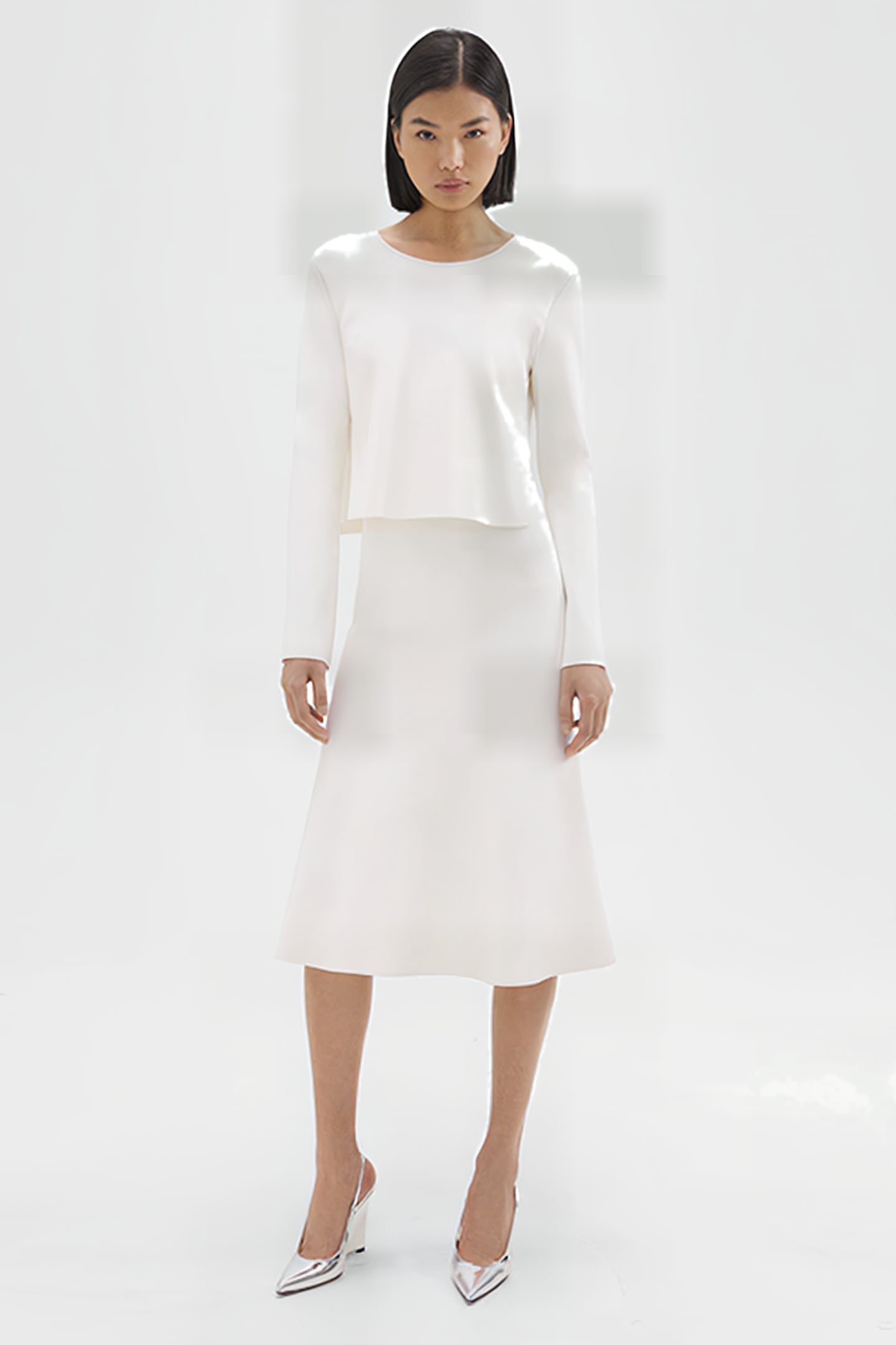 LAYERED TRUMPET DRESS IN CREPE KNIT WHITE 1