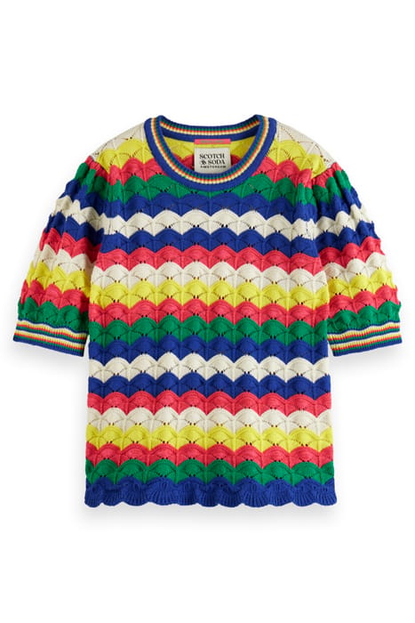 WAVE STITCH KNITTED SHORT SLEEVE PULLOVER PINK WAVE STRIPE 1