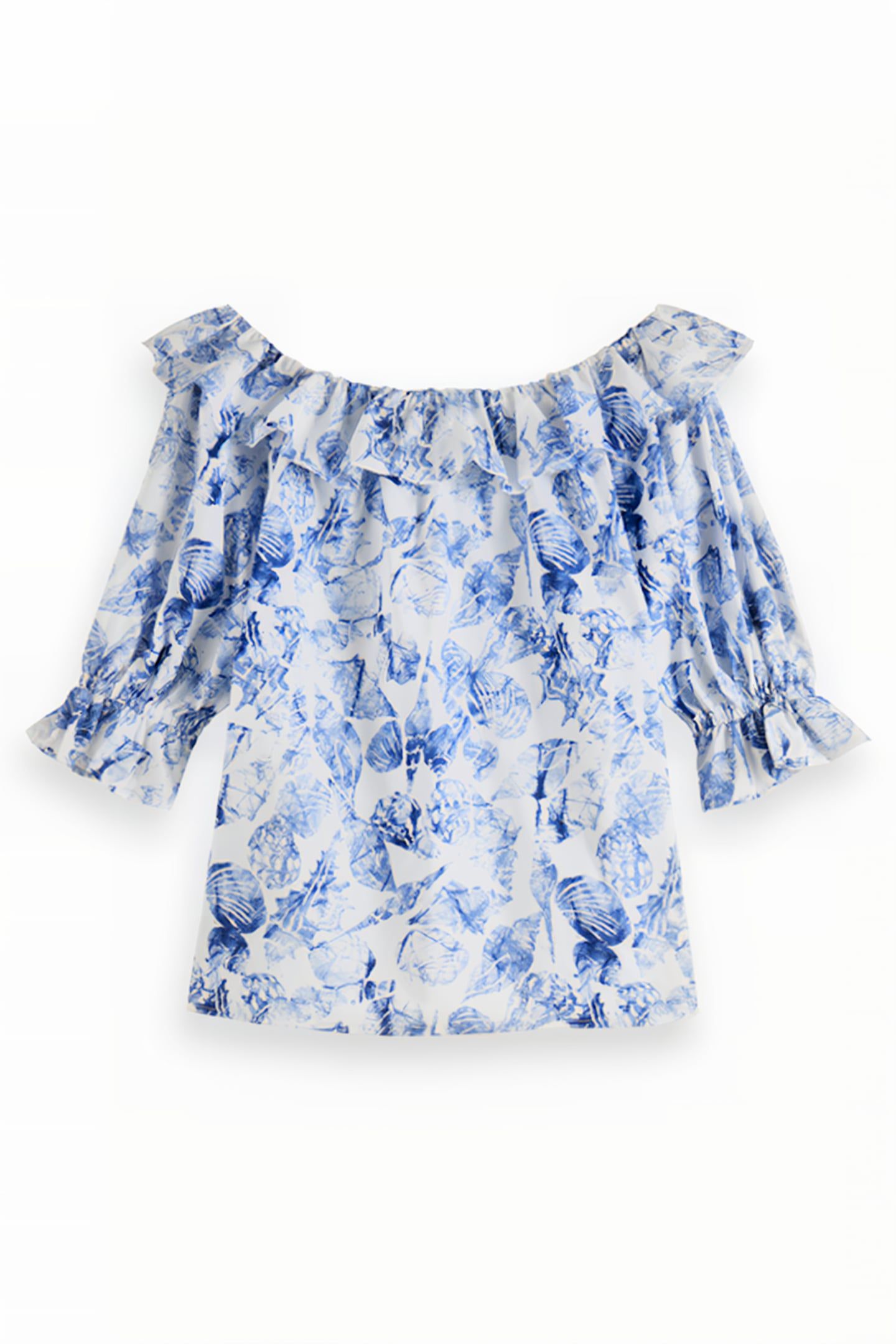 OFF SHOULDER TOP WITH RUFFLES SHELL BATIK BLUE 2