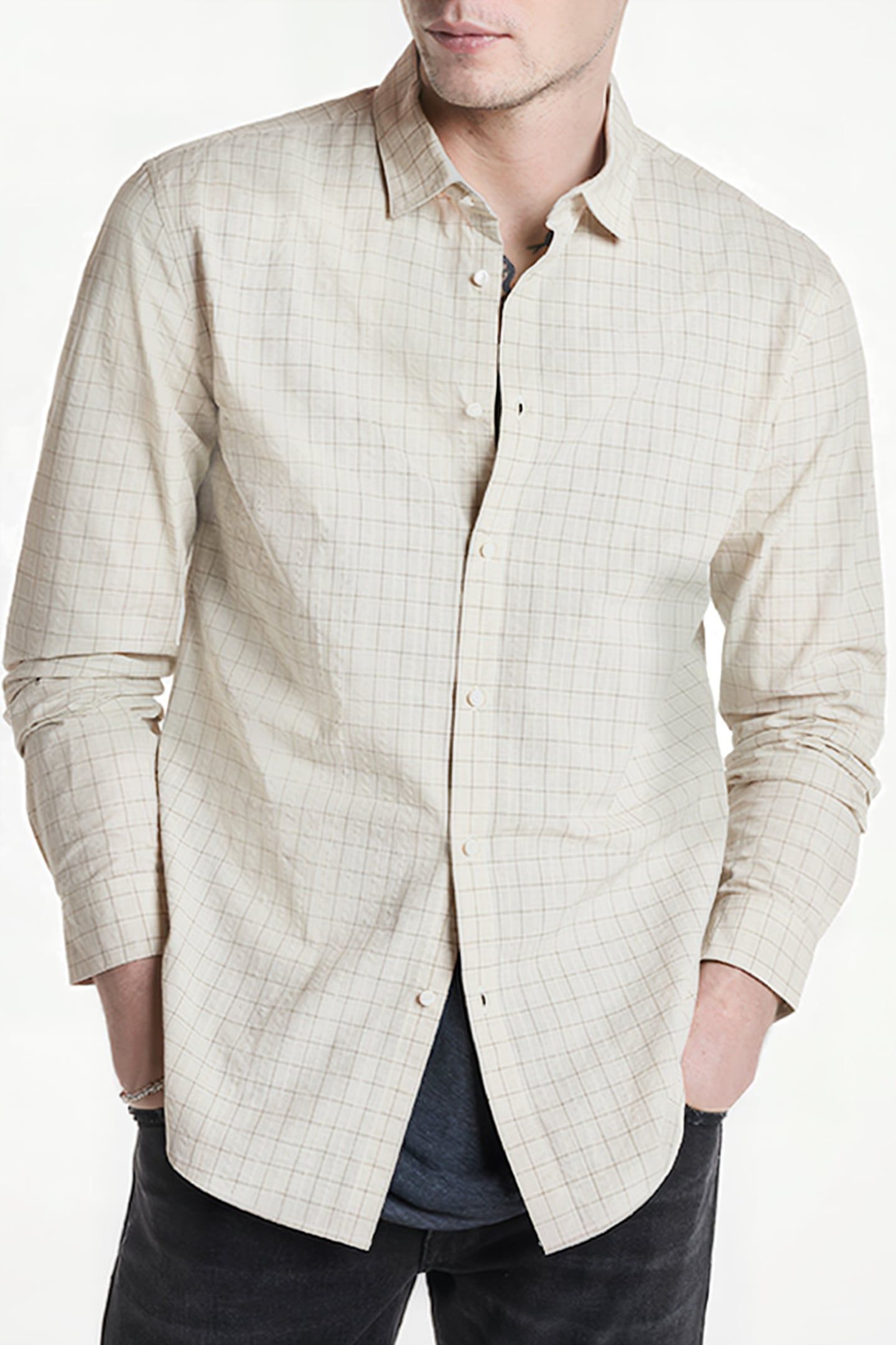 SLIM FIT SPORT SHIRT WITH SHANK BUTTONS MACADAMIA 1