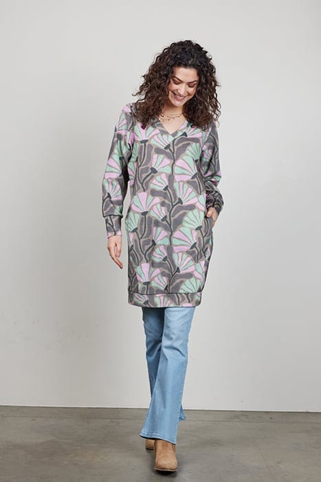 SWEAT DRESS CHILLY PRINT SAND WITH COSMIC FLOWER PRINT 1