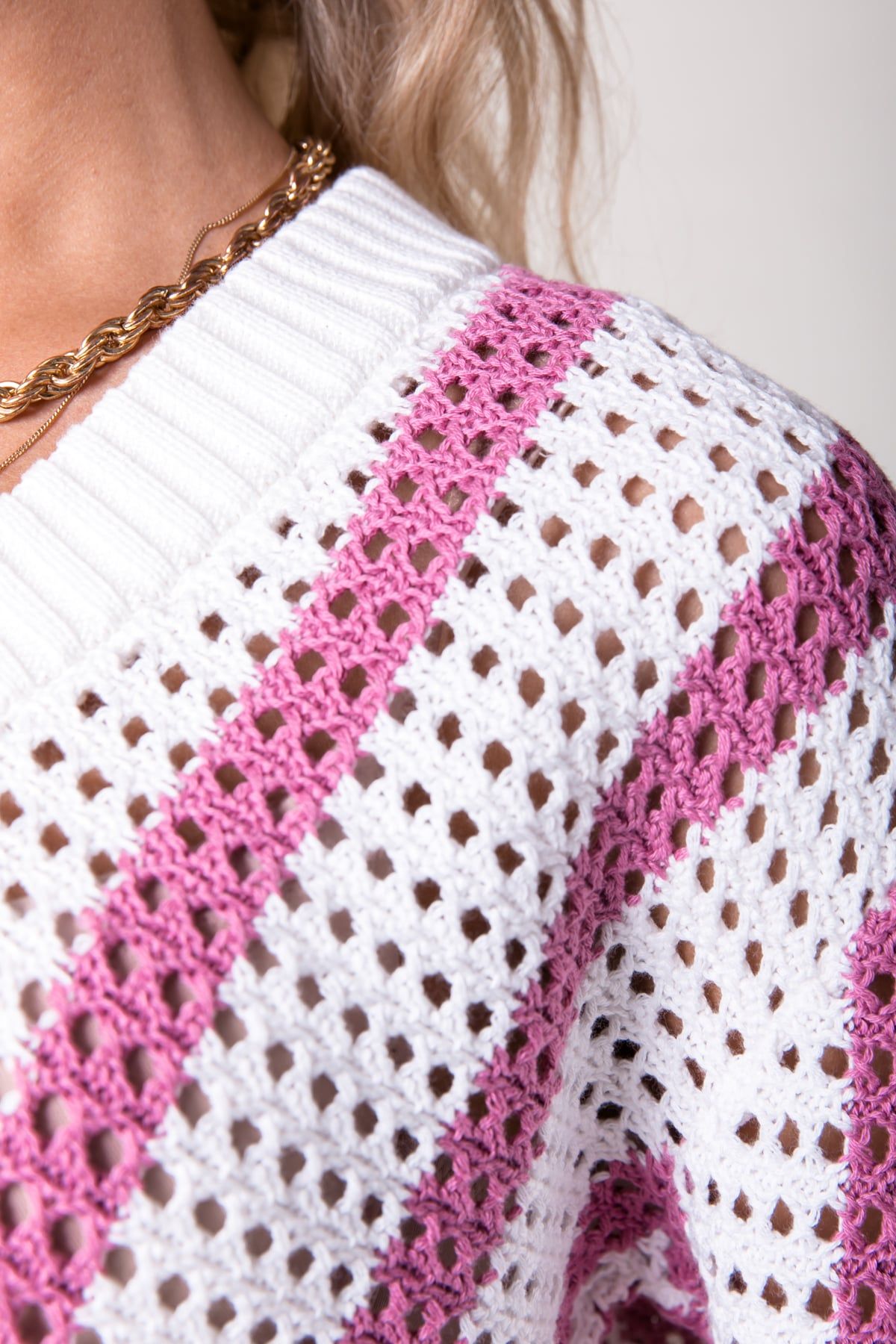 LIZZA CROCHET STRIPE V-NECK SWEATER MEDIUM PINK 4