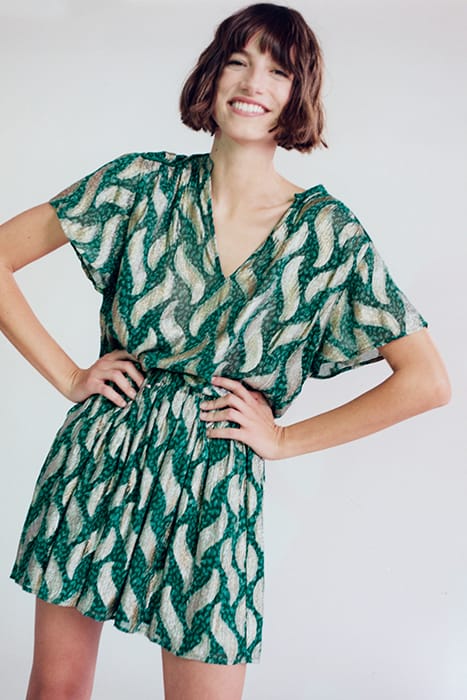 EMERALD SHORT SKIRT WITH GOLD LEAF PRINT 1