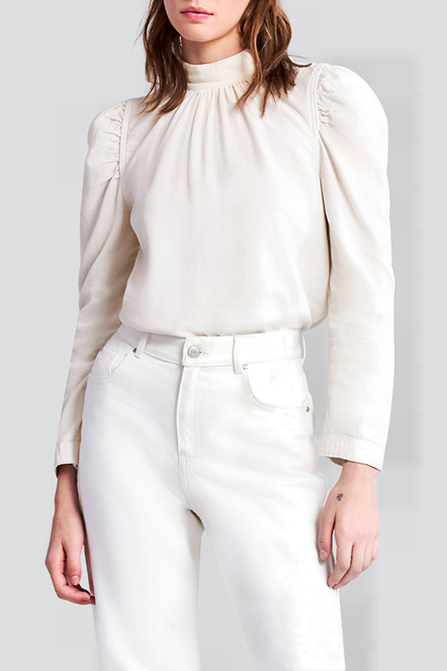 LIMESTONE ORGANIC COTTON BLOUSE, BUTTONED COLLAR 1