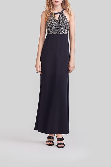 BLACK LONG DRESS, METALLIC BEAD-EMBROIDERED DICKEY 1