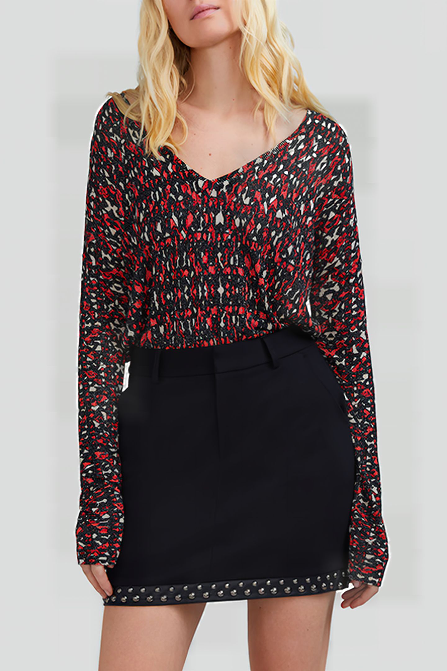 BLACK FINE KNIT SWEATER WITH IKAT PRINT 1