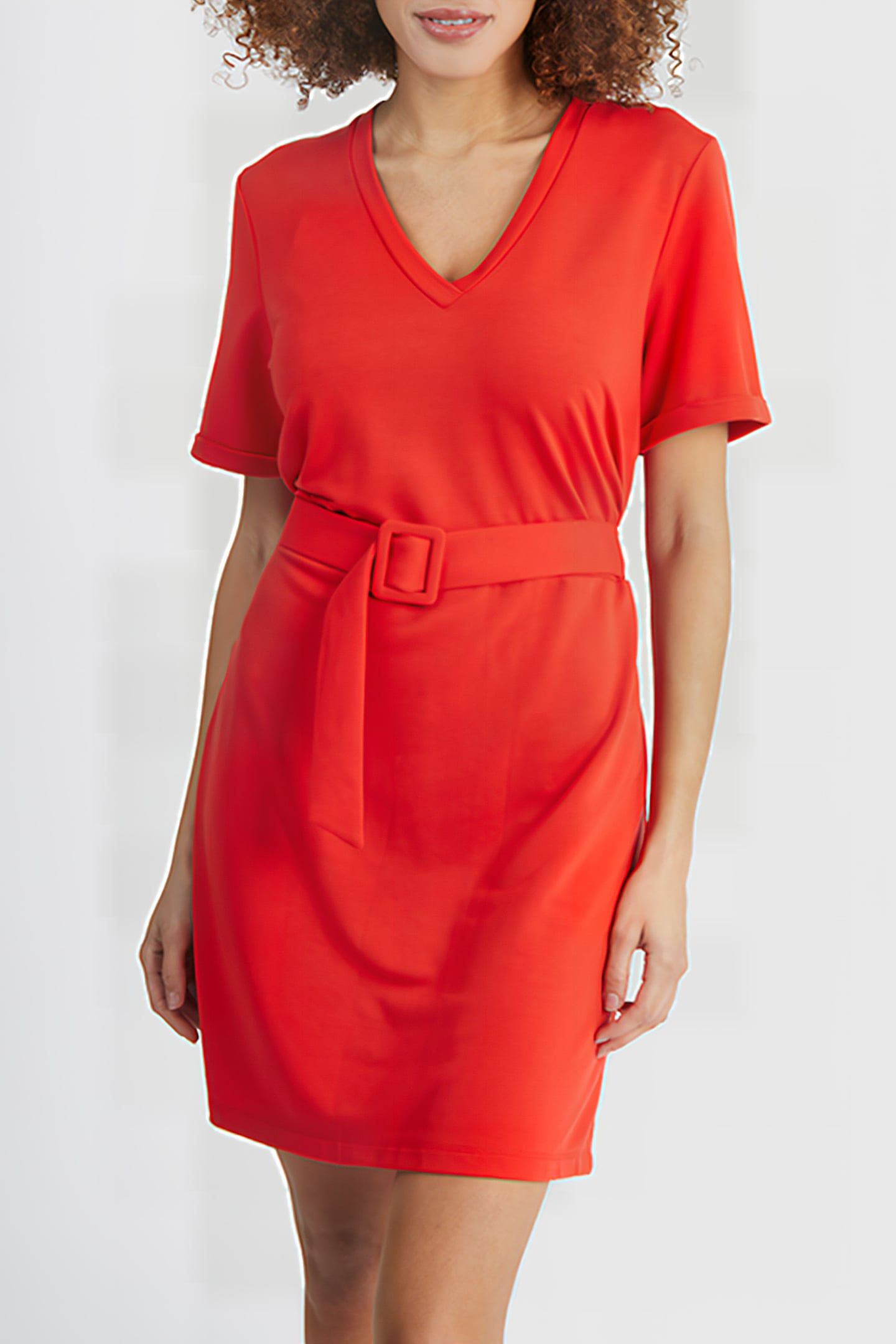 CRIMSON RED KNIT BELTED DRESS 1