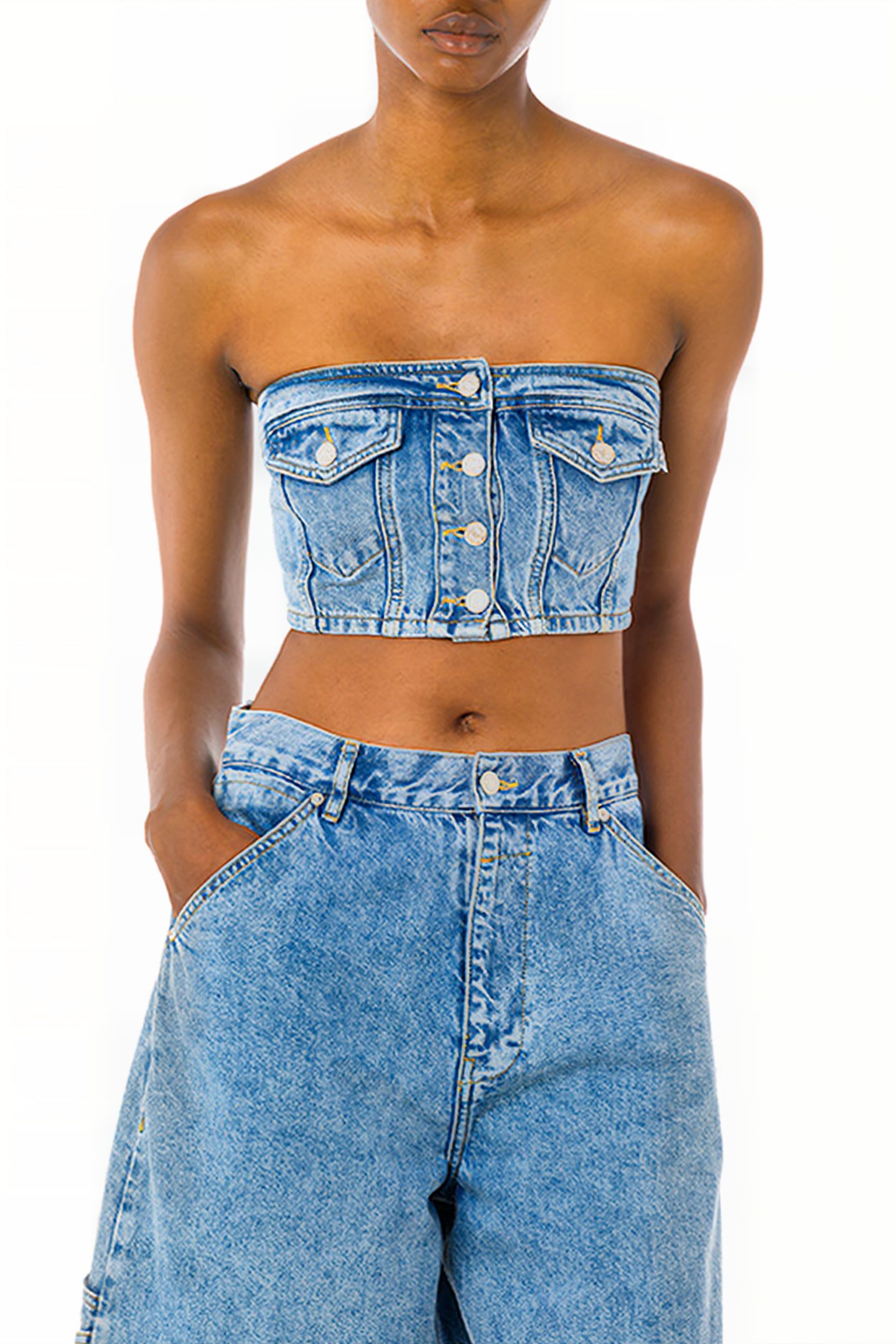 BUSTIER CROP TOP IN RECYCLED DENIM BLUE 1