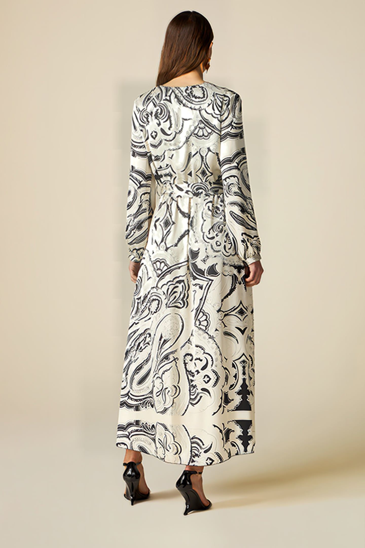 LONG PATTERNED SATIN DRESS WHITE 2