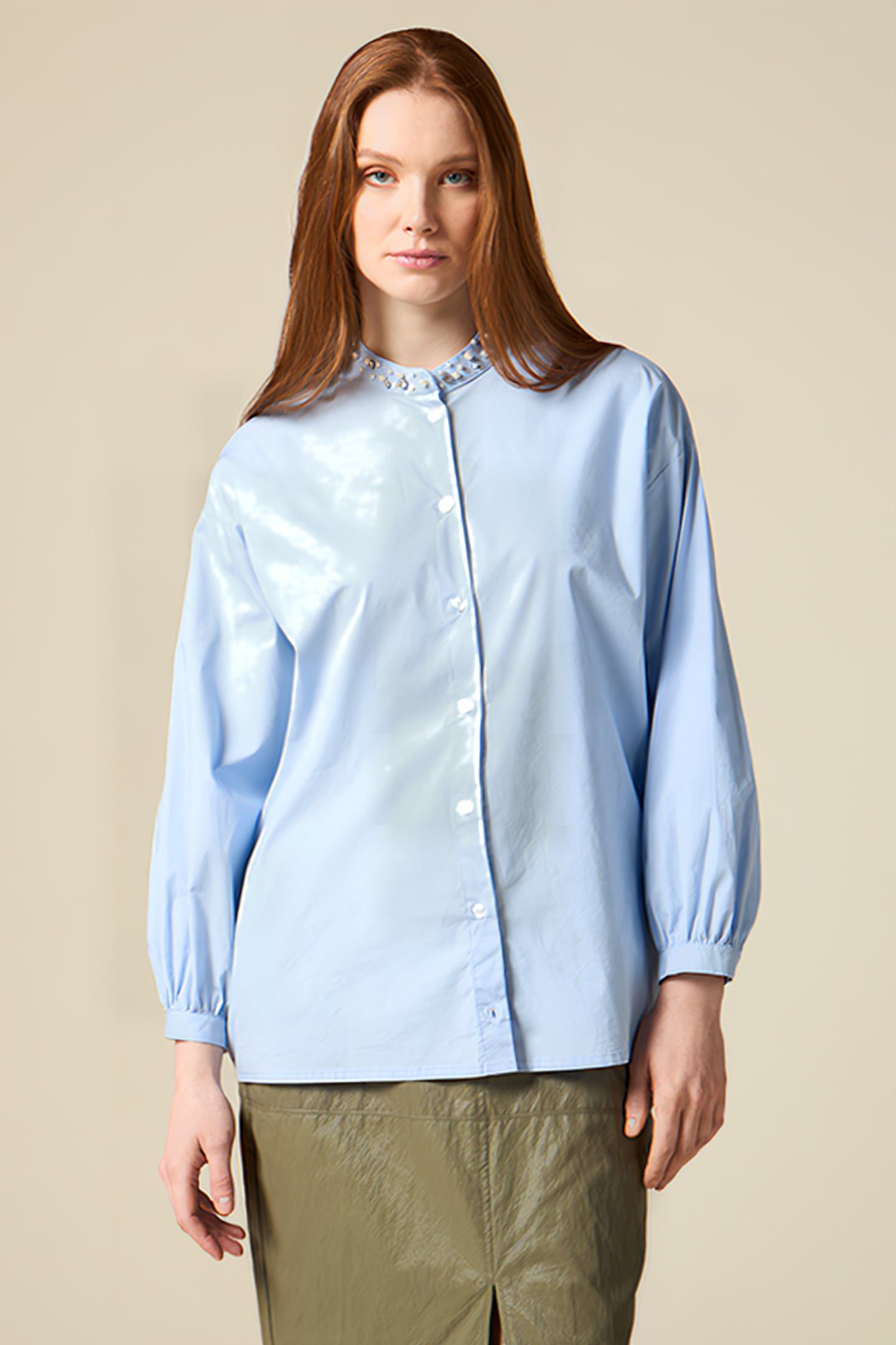 POPLIN SHIRT WITH PEARLS AND SET STONES BLUE 1