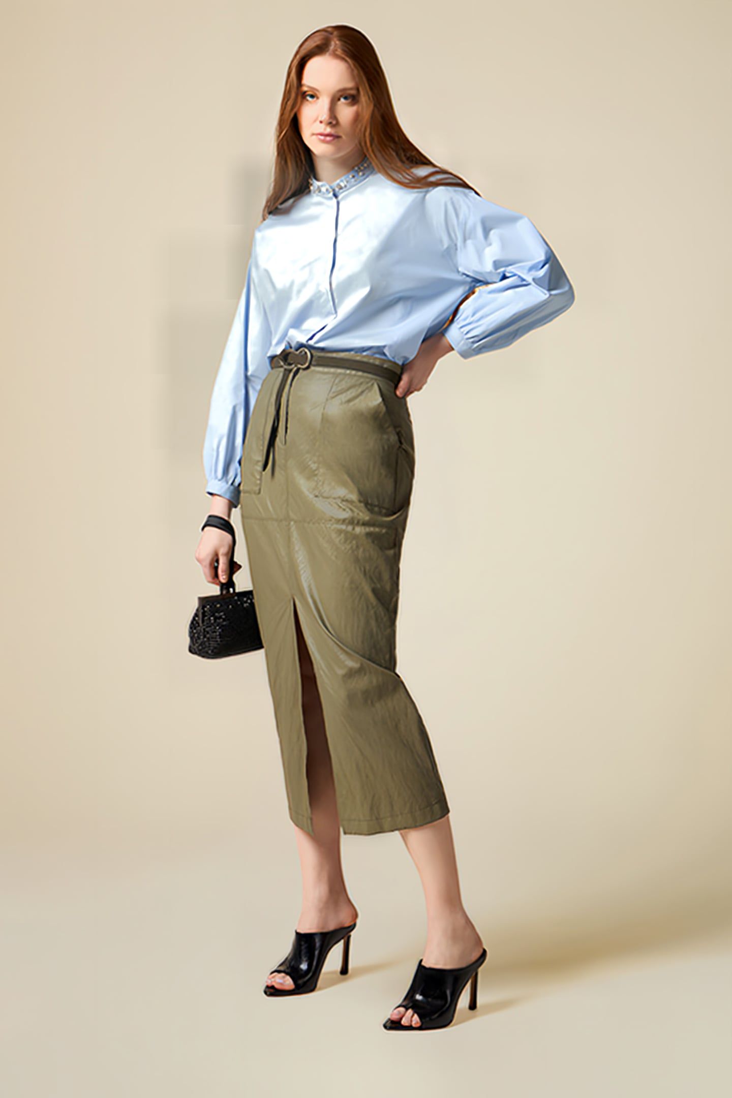 CRINKLED FABRIC MIDI PENCIL SKIRT GREEN 2
