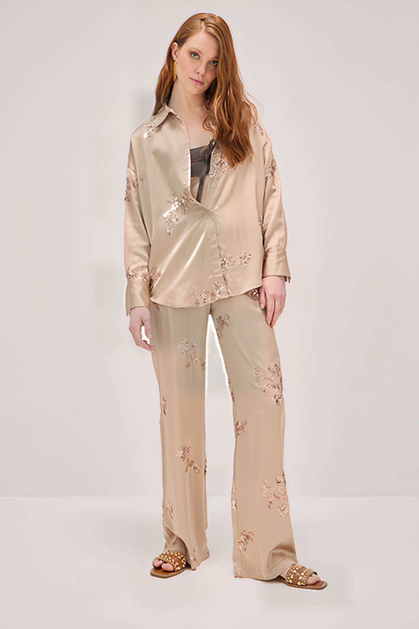 SATIN TROUSERS WITH SEQUIN EMBROIDERY BEIGE 3