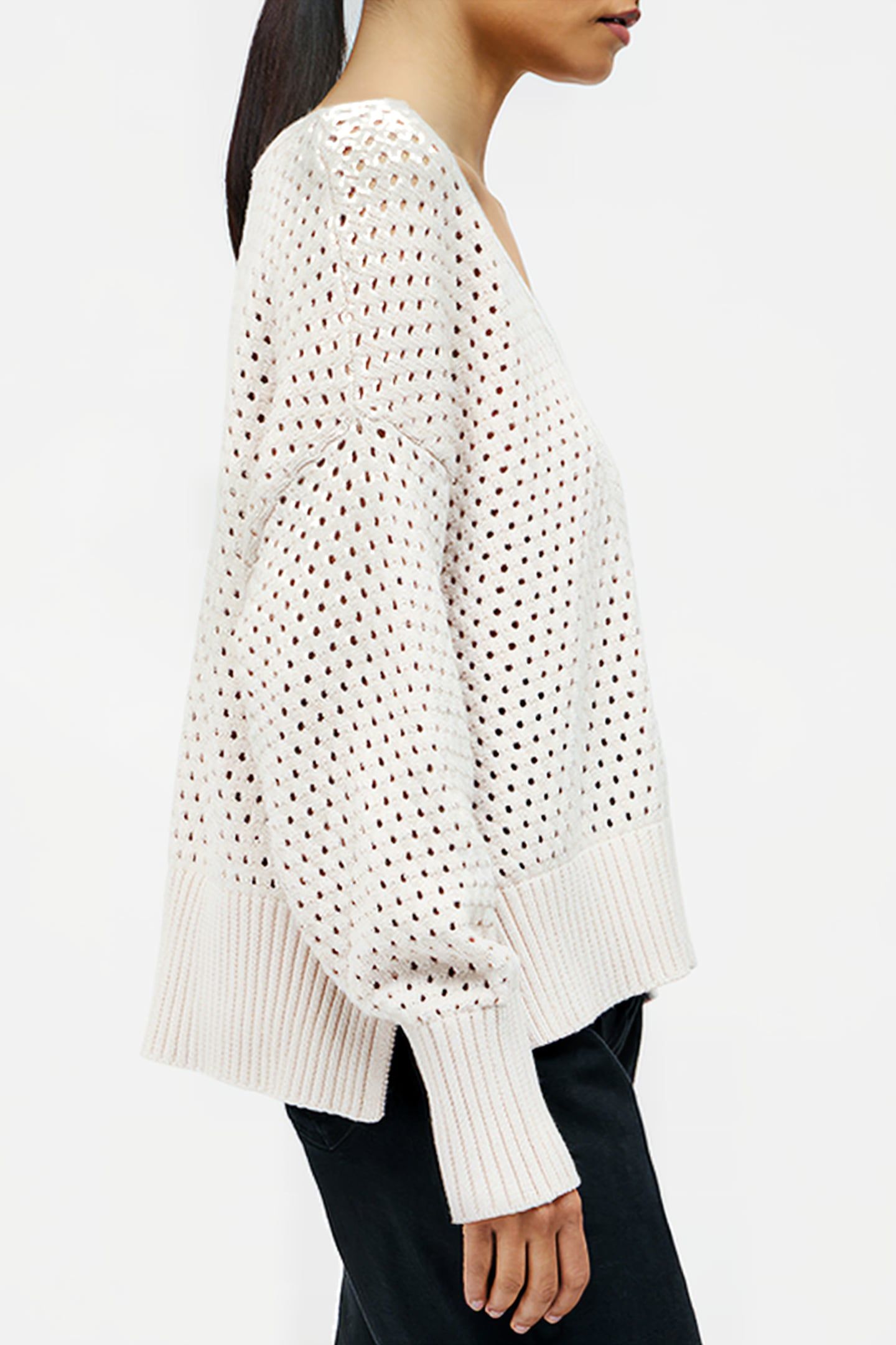 CROCHET KNIT V NECK SWEATER OATMEAL 4