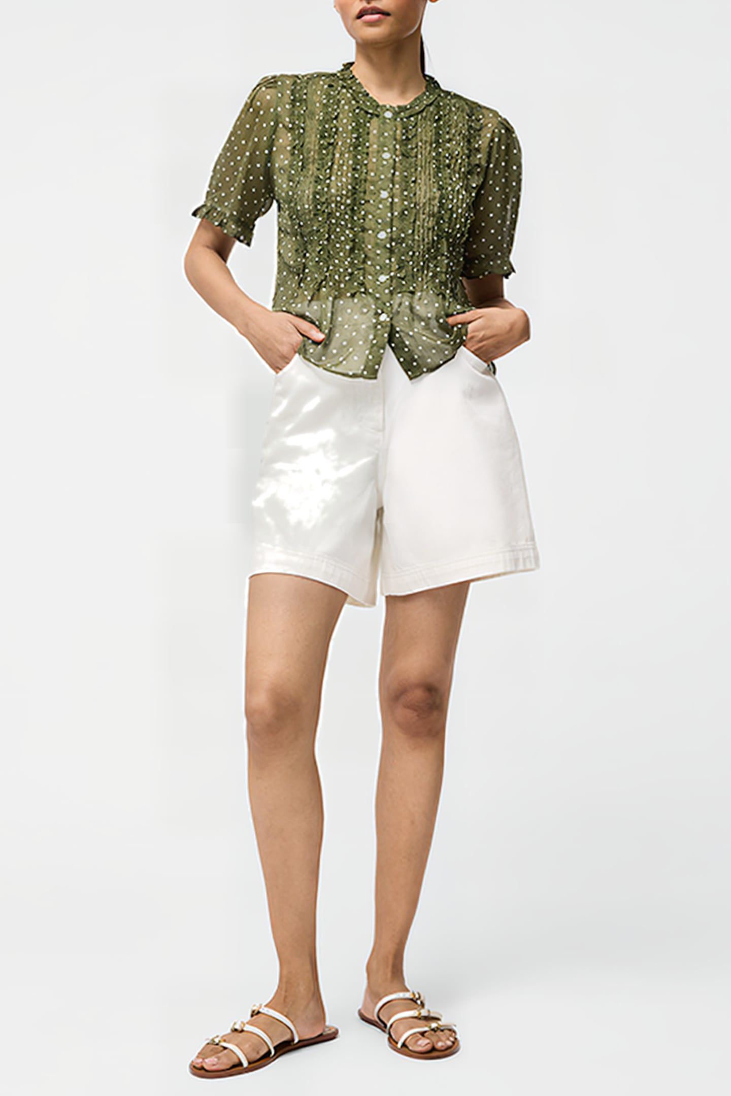 POLKA DOT SHORT SLEEVE RUFFLE TOP SZ18 KHAKI/SUMMER 2