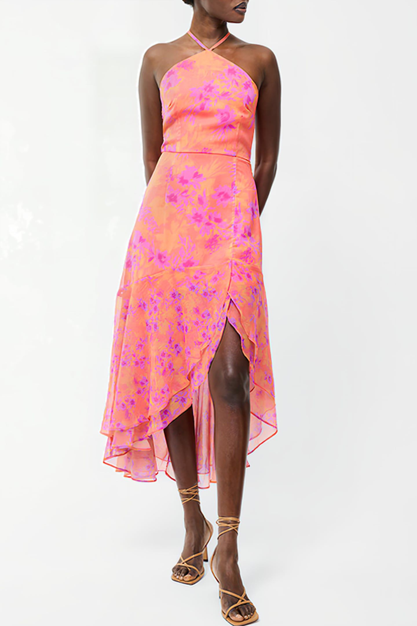 ARLA RUFFLE HALTERNECK DRESS SZ18 CORAL MULTI 1