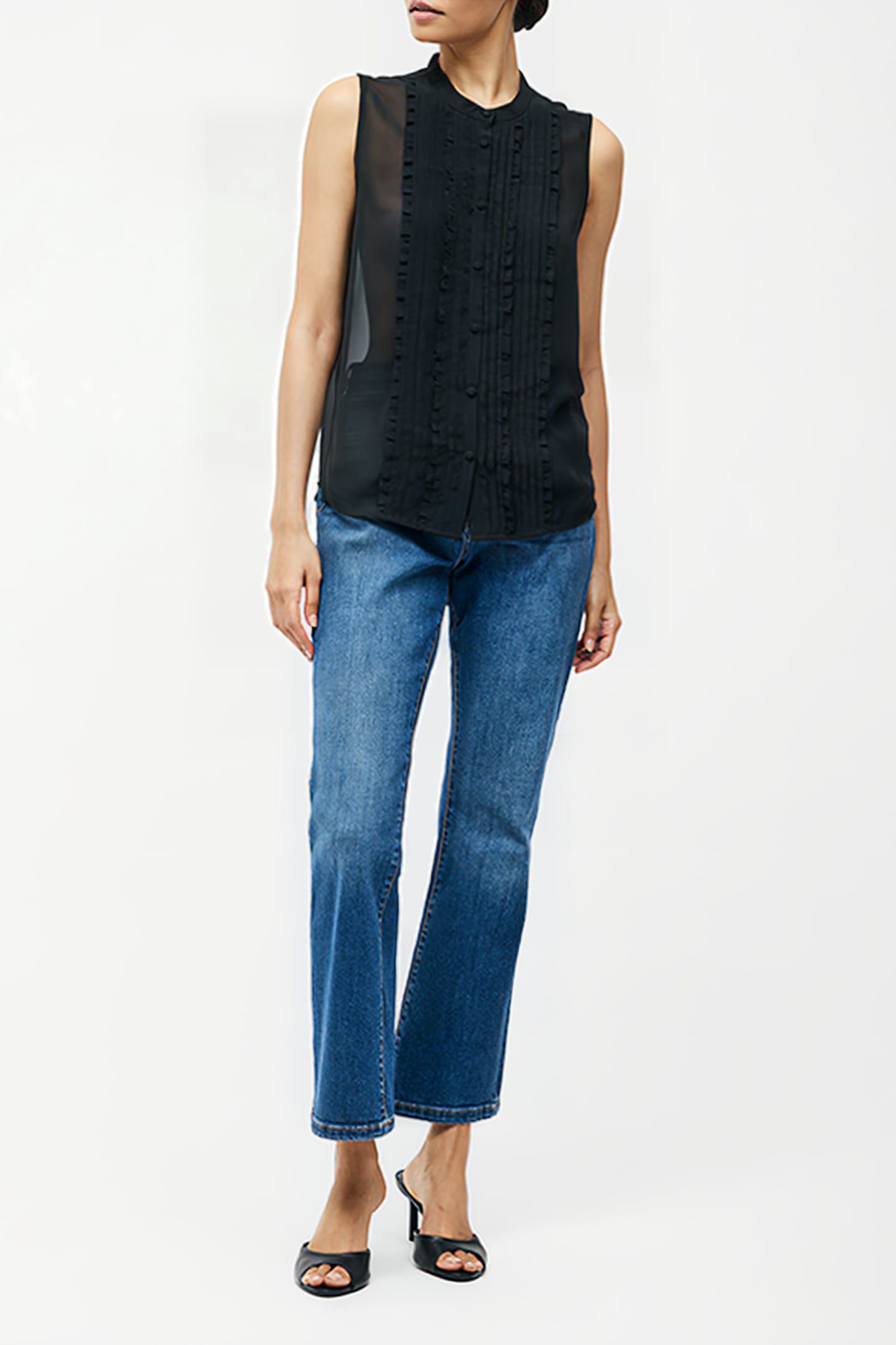 FRILL SLEEVELESS HENLEY BUTTON DOWN TANK TOP BLACK 3