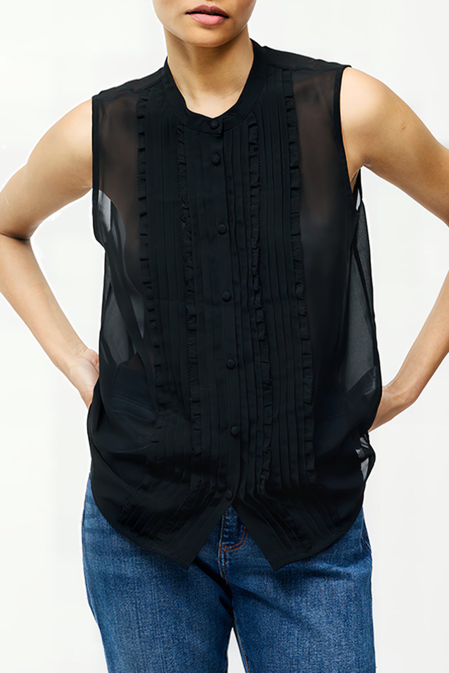 FRILL SLEEVELESS HENLEY BUTTON DOWN TANK TOP BLACK 1