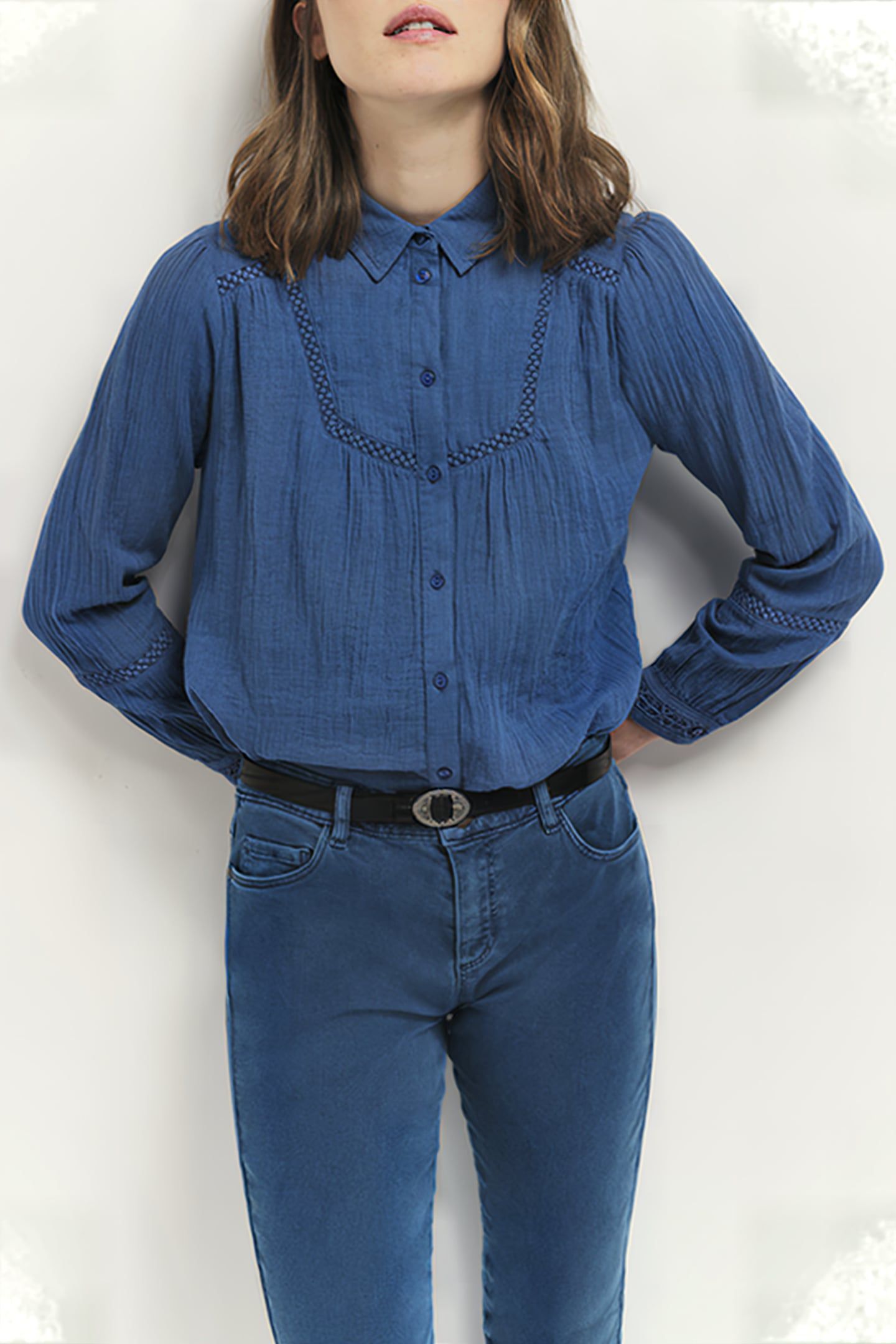 CHLOE - SANTORINI BLUE PLAID EMBROIDERY SHIRT 1