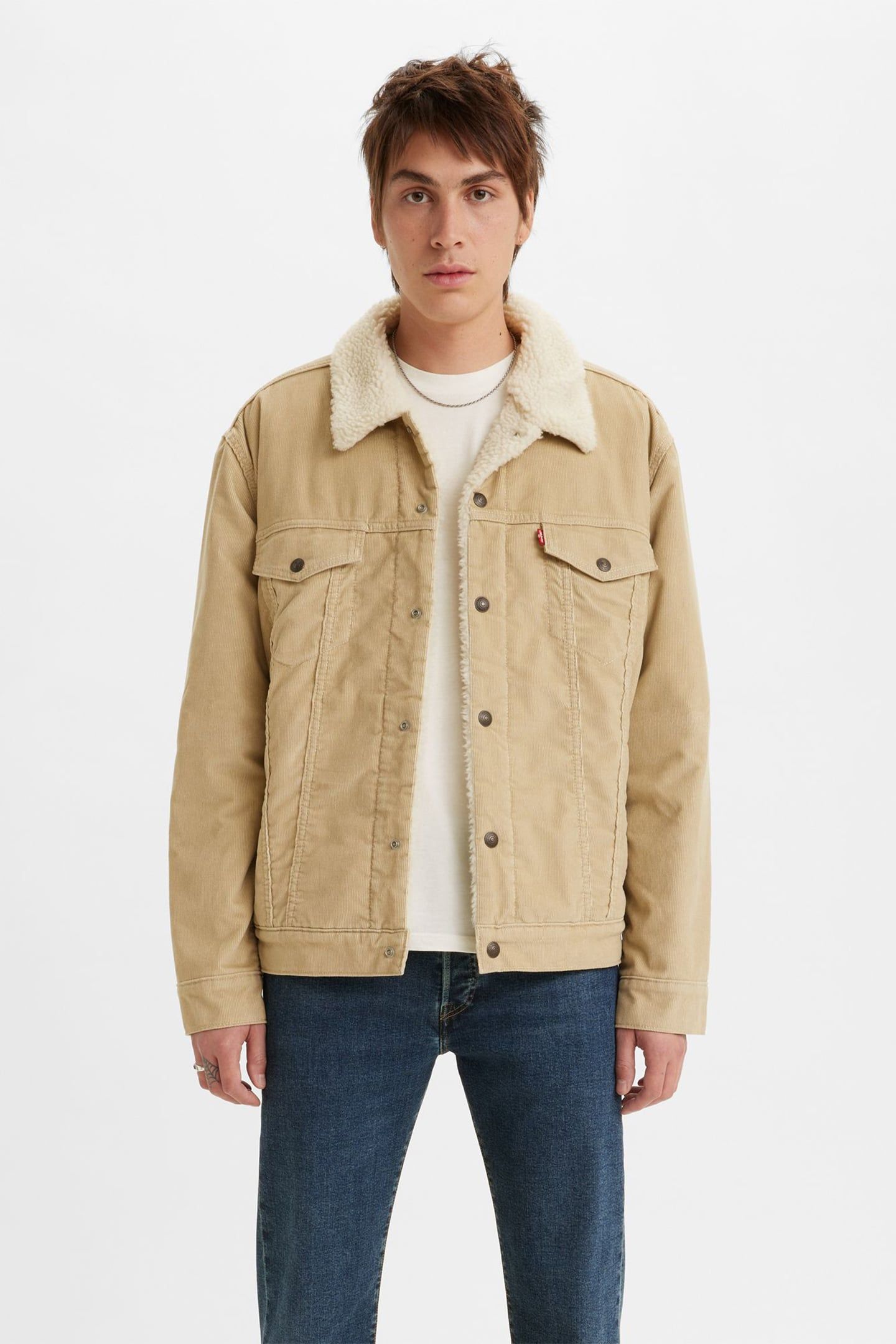 L Beige JACKET TRUCKER CORDUROY MLVINCE ジャケット・アウター Cinch Small Beige/Khaki Jacket Trucker Corduroy Lined Sherpa Men's ジャケット・アウター