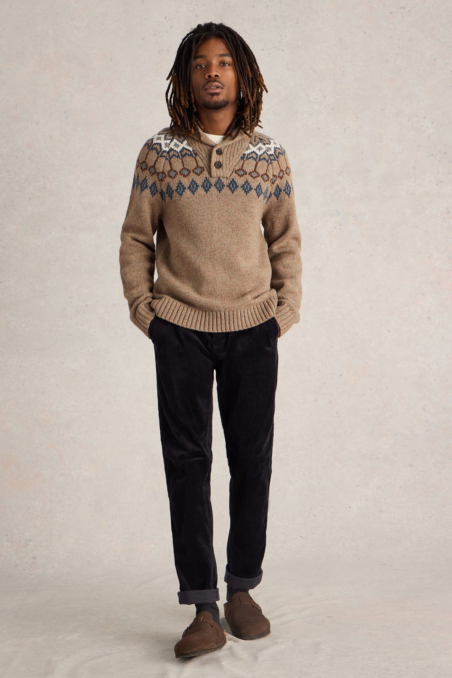 BERKLEY FAIRISLE SHAWL NECK NATURAL MULTI 1