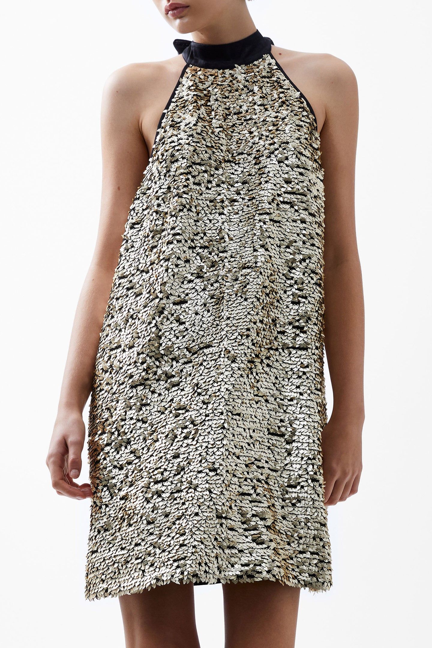 ELAH SEQUIN HALTER NECK DRESS METALLIC GOLD 1