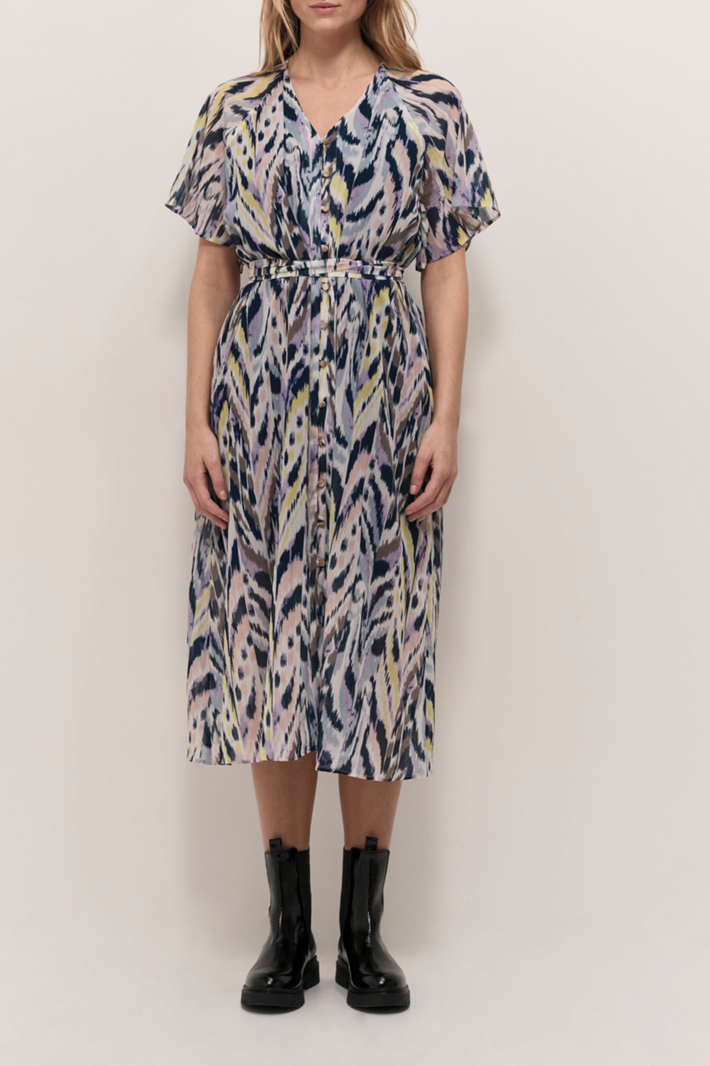 RADKA - OFF WHITE MIDI DRESS WITH LUMINESCENT IKAT PRINT 1