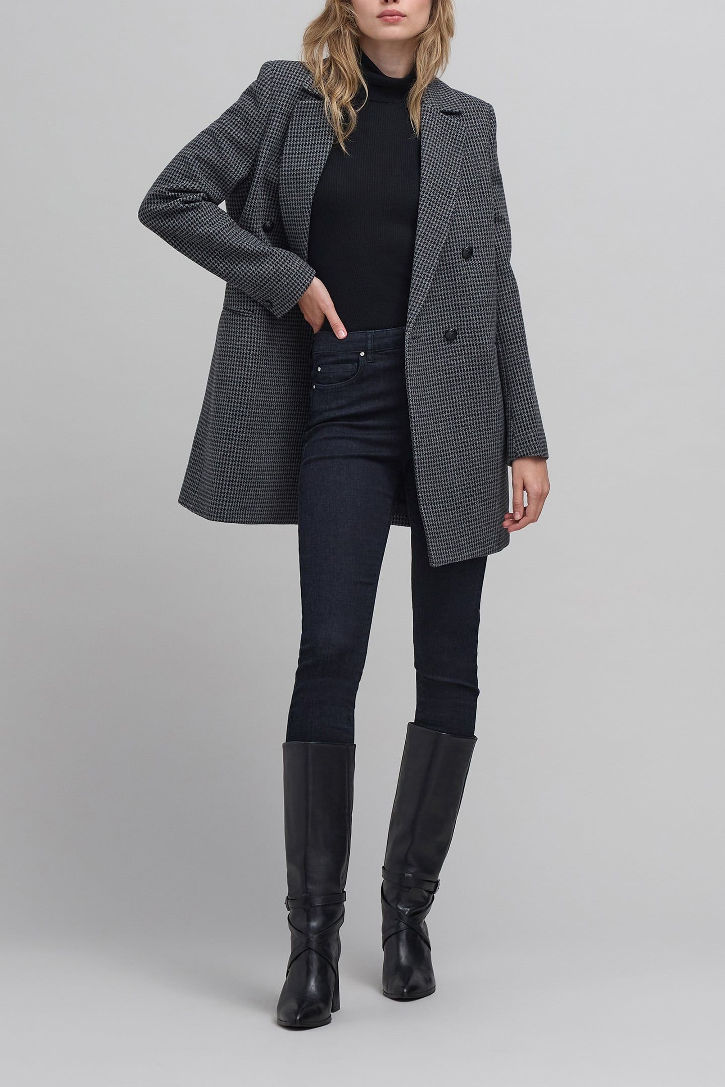 METALLIC HOUNDSTOOTH PATTERN BLACK STRAIGHT COAT 5