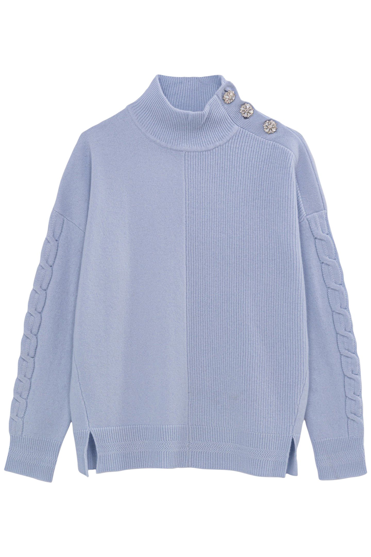 SKY BLUE STAND-UP COLLAR KNIT SWEATER WITH RHINESTONE BUTTON 1