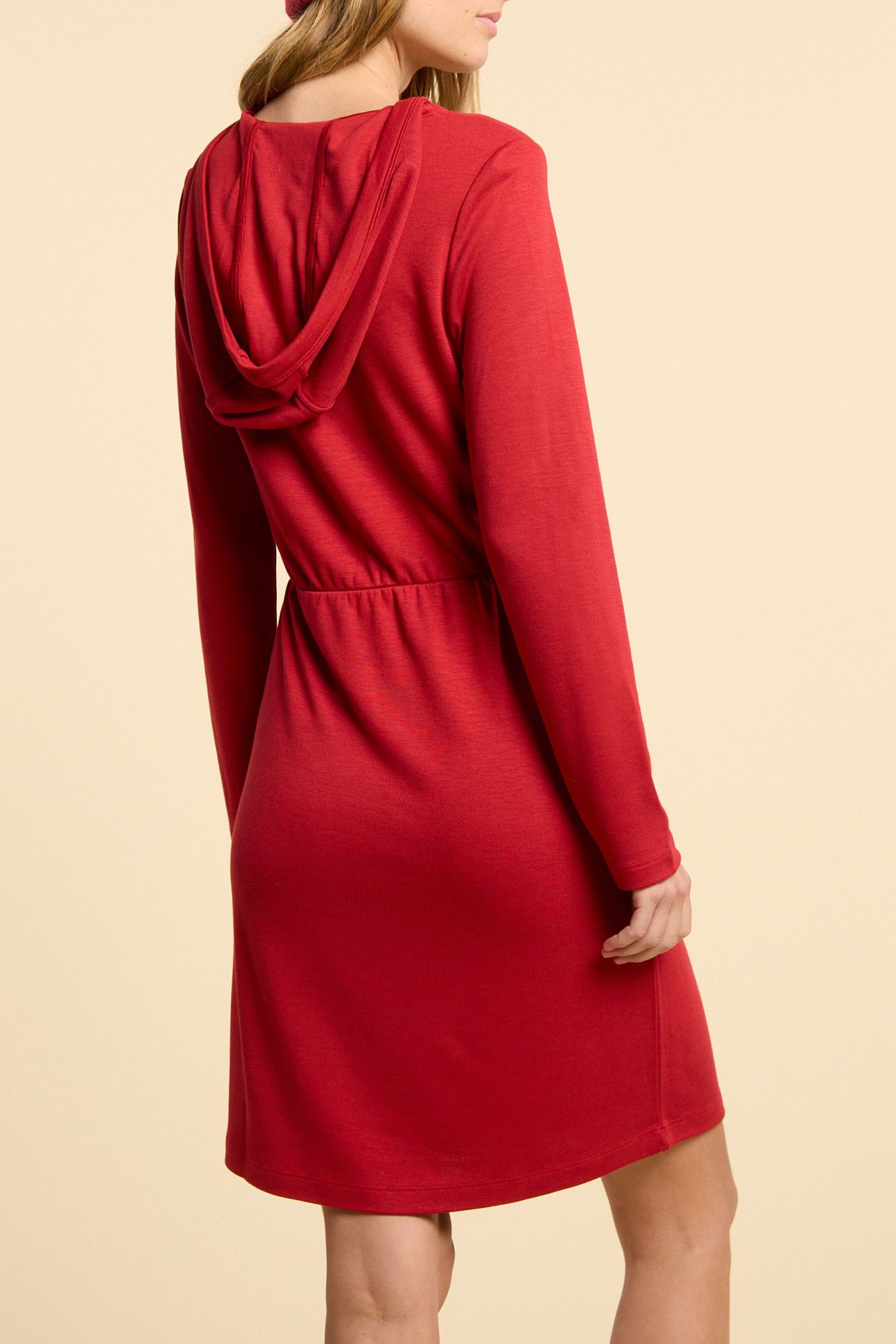 RED HOODED DRESS WITH PLACED STRIPES 2