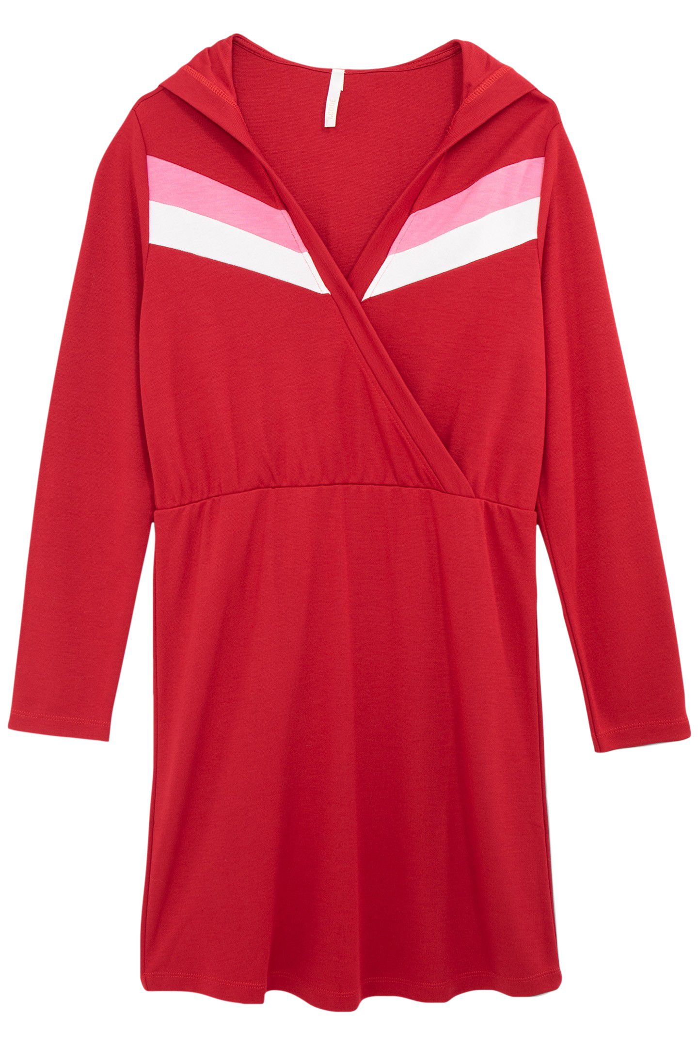 RED HOODED DRESS WITH PLACED STRIPES 4