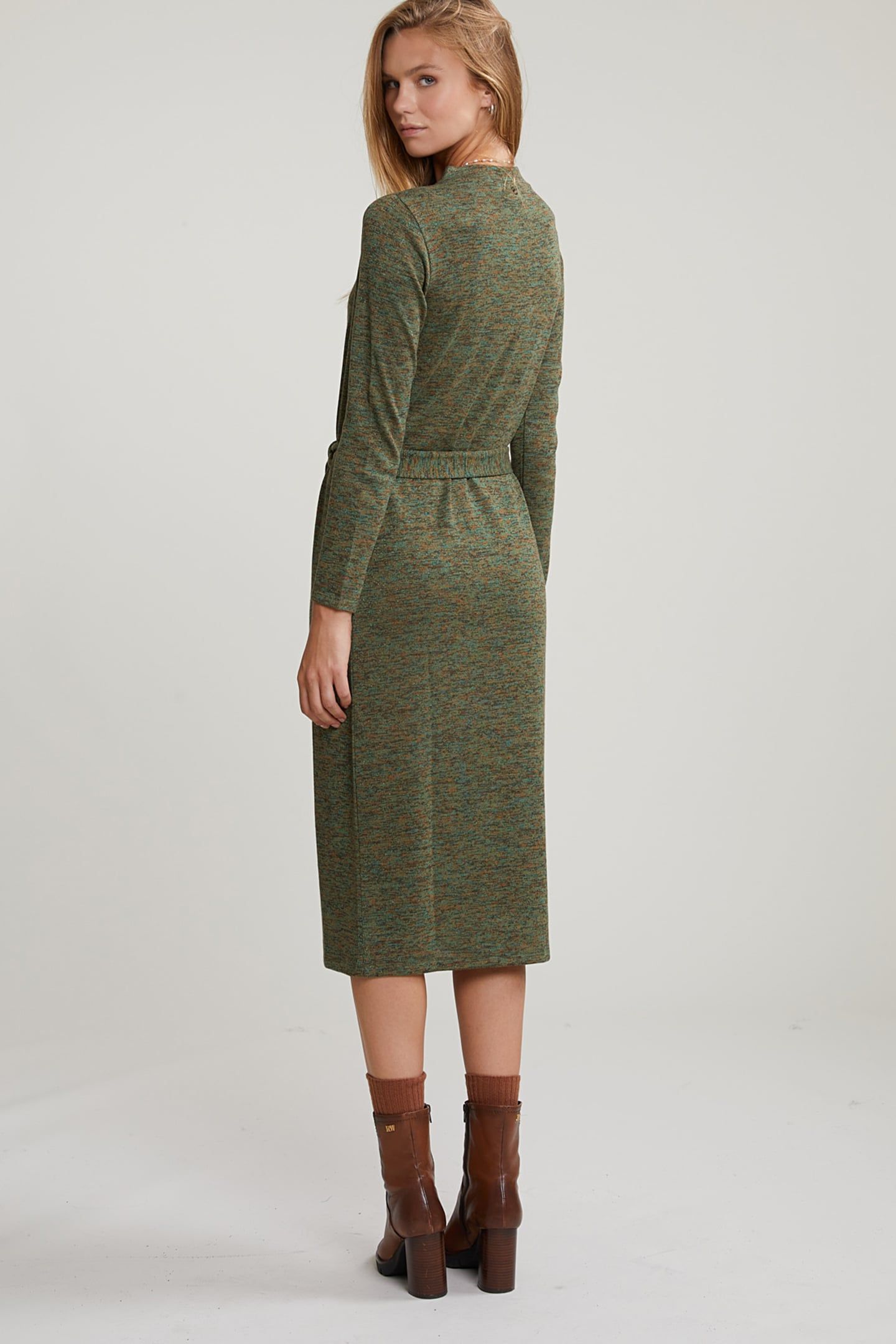 KHAKI BELTED GLITTER DRESS LONG SLEEVES 2