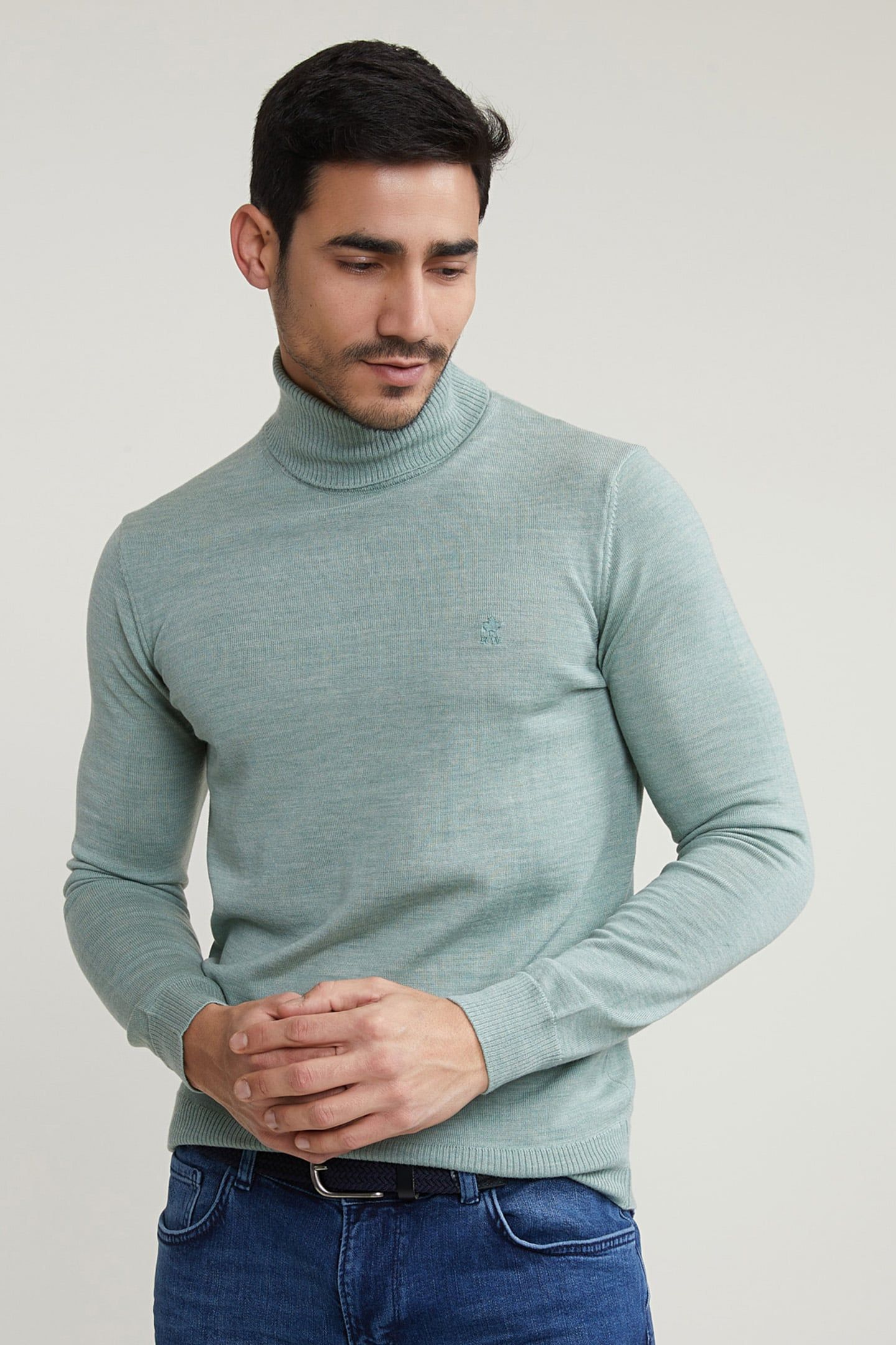 SLIM FIT BASIC MERINO ROLL NECK SWEATER CAPE GREEN MIX 1