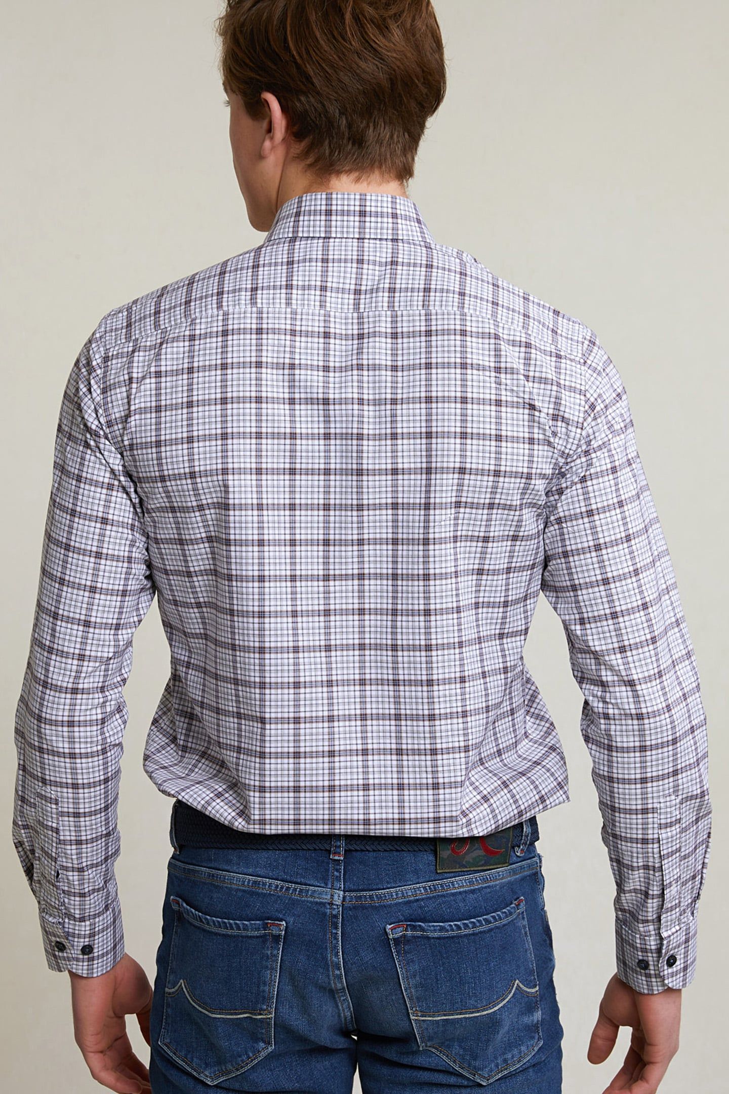 CUSTOM FIT CHECKED SHIRT WHITE/BROWN 2