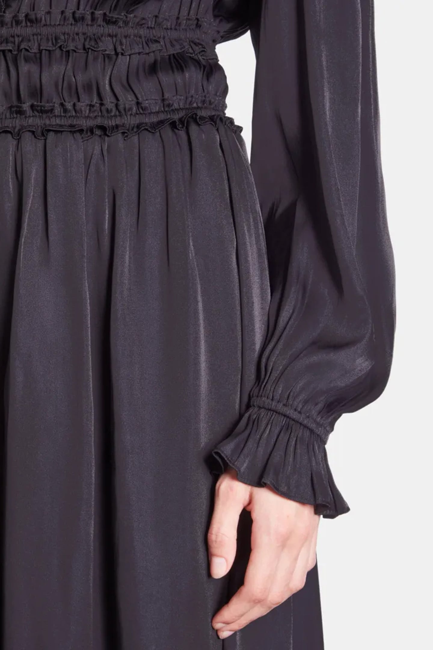 LONG V-NECK DRESS WITH FRILLS BLACK 5