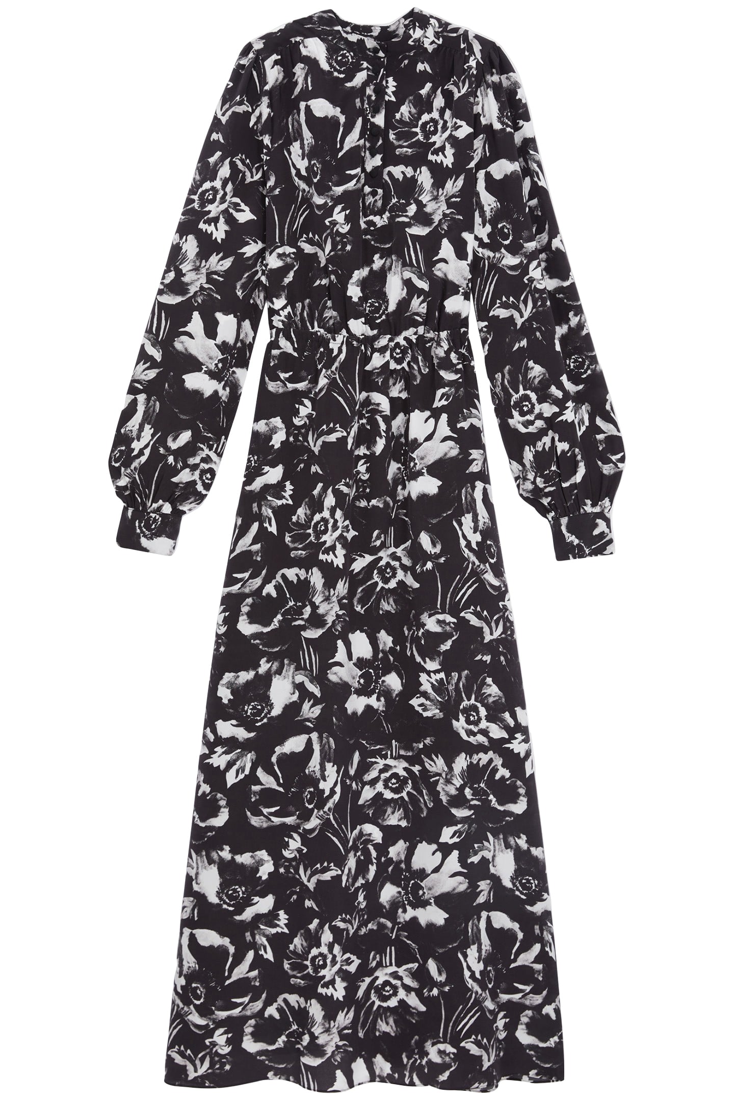 LONG DRESS ML ELASTICATED WAIST V-NECK BLACK WHITE 3