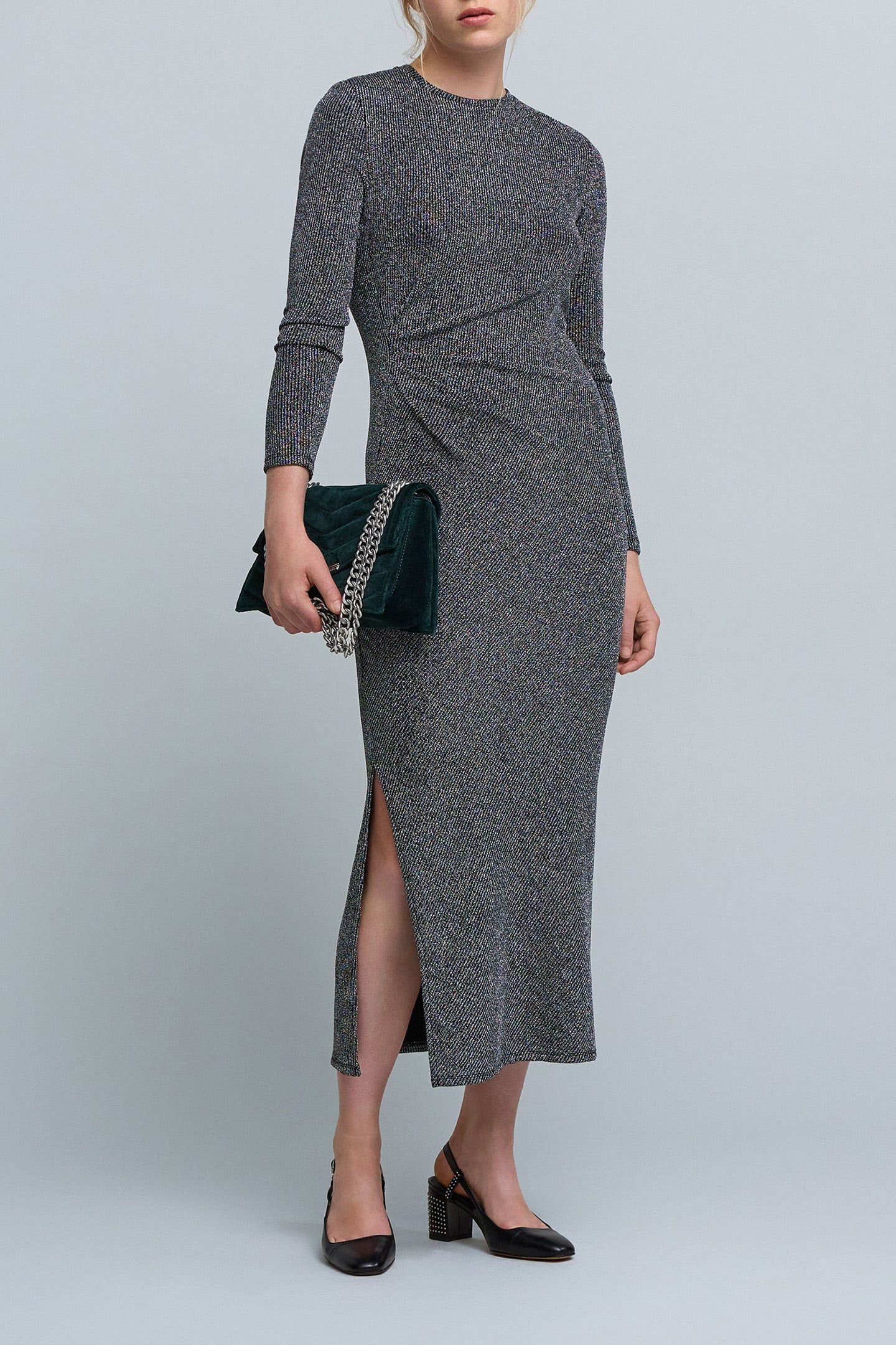 RIBBED LUREX MESH SILVER MAXI DRESS 1