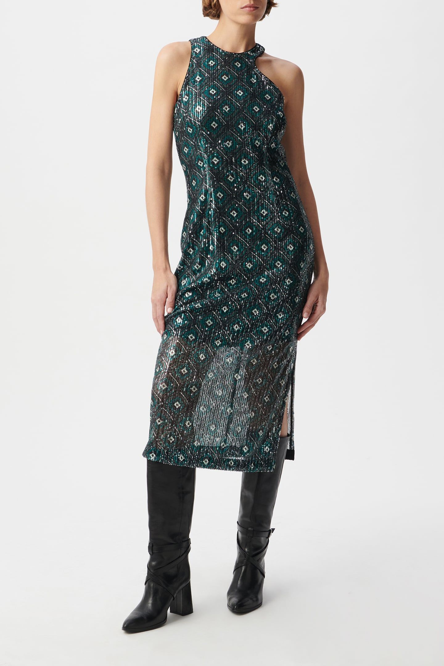 BLACK GEOMETRIC PRINT MIDI DRESS WITH SEQUIN EMBROIDERY 1
