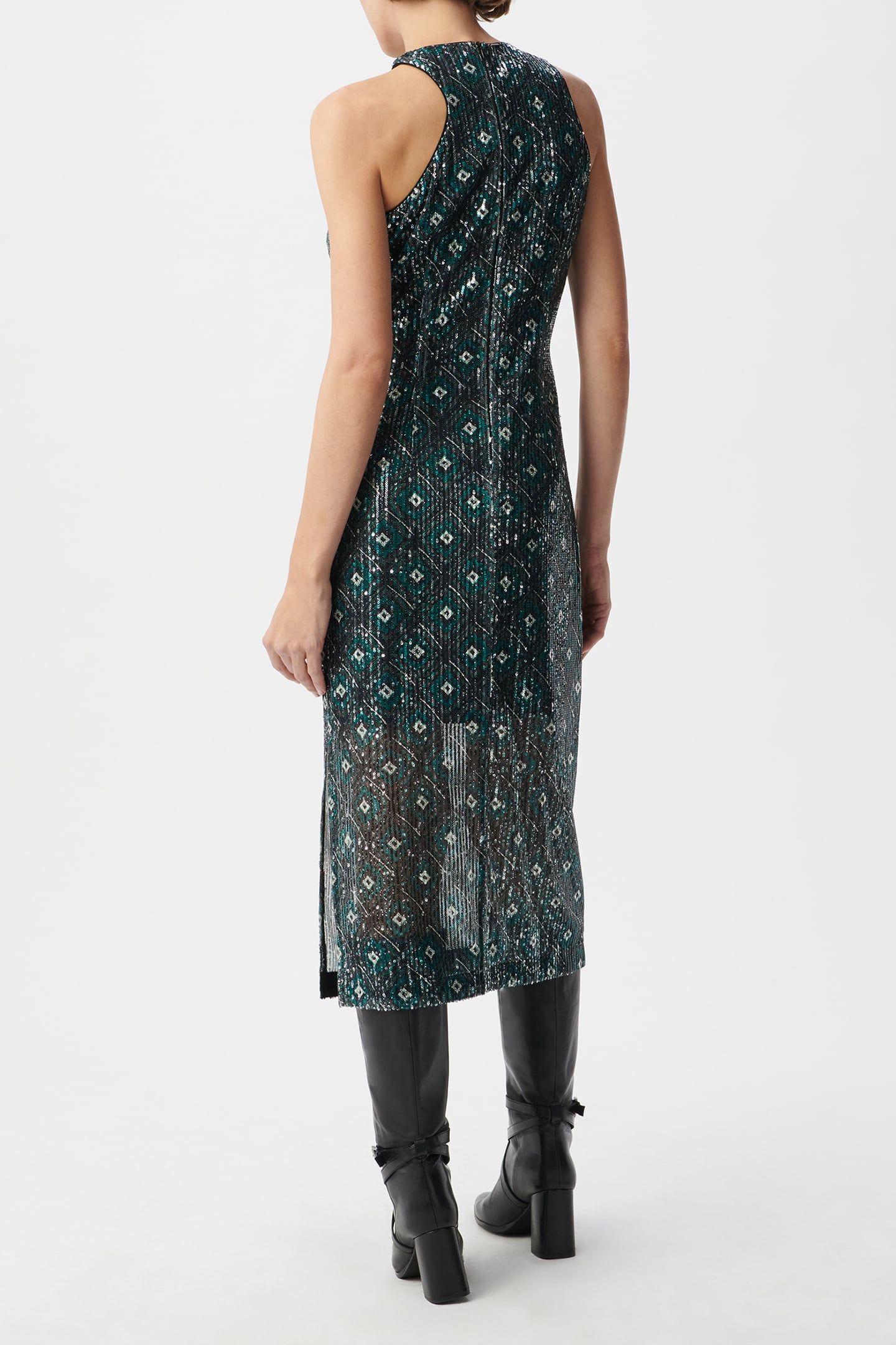 BLACK GEOMETRIC PRINT MIDI DRESS WITH SEQUIN EMBROIDERY 2