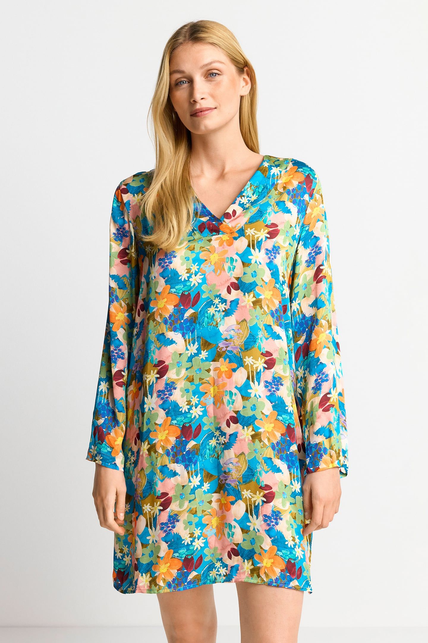 PRINTED V-NECK MINI DRESS WITH FLOWER PRINT RECYCLED ORIGINA 1