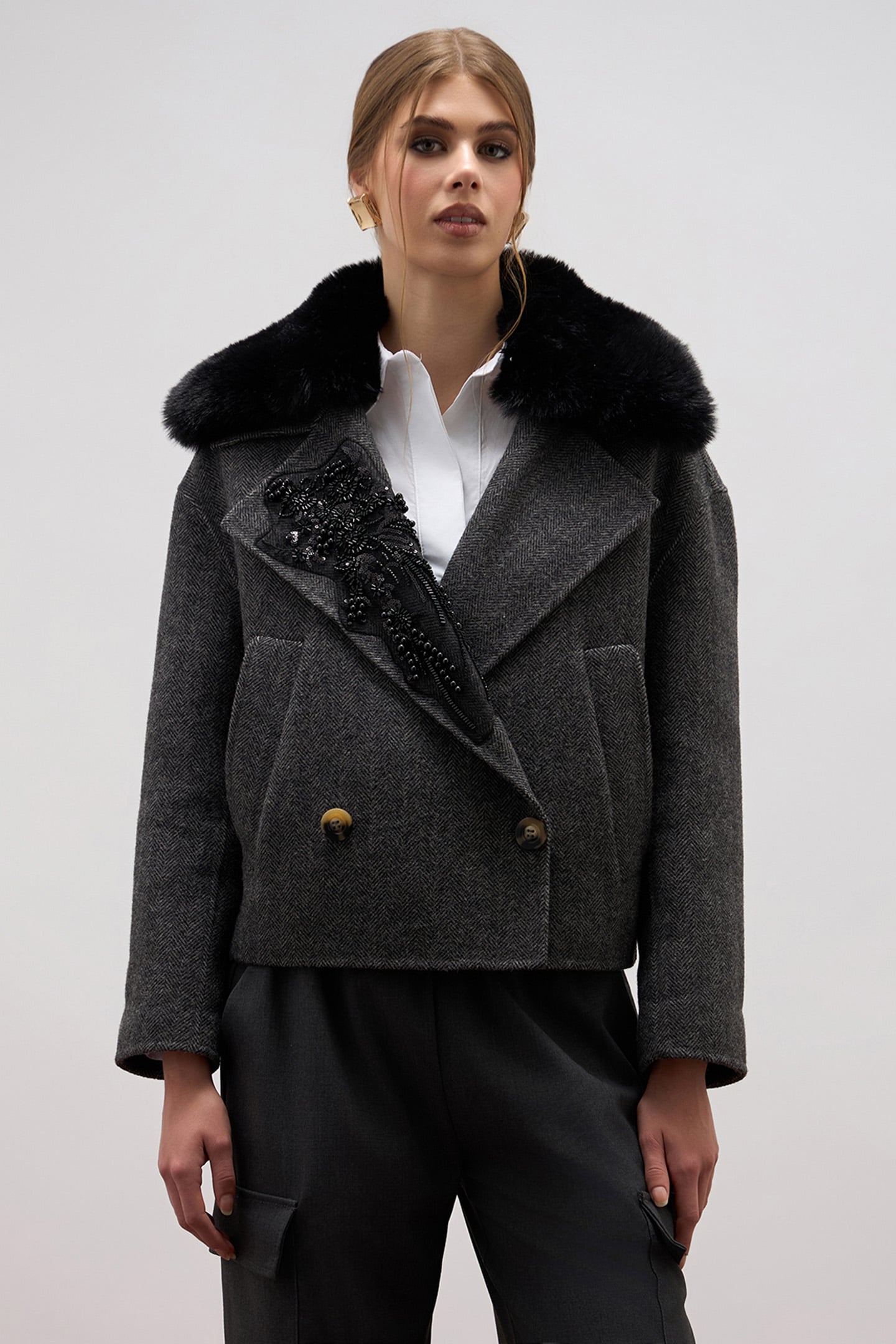 SHORT COAT WITH JEWEL PATCH GREY 1