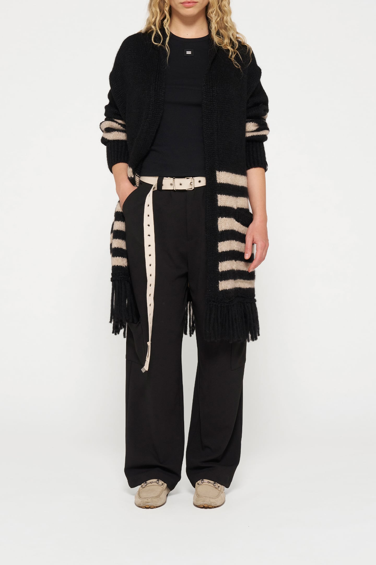 CARDIGAN KNIT STRIPES BLACK/LIGHT LATTE 2